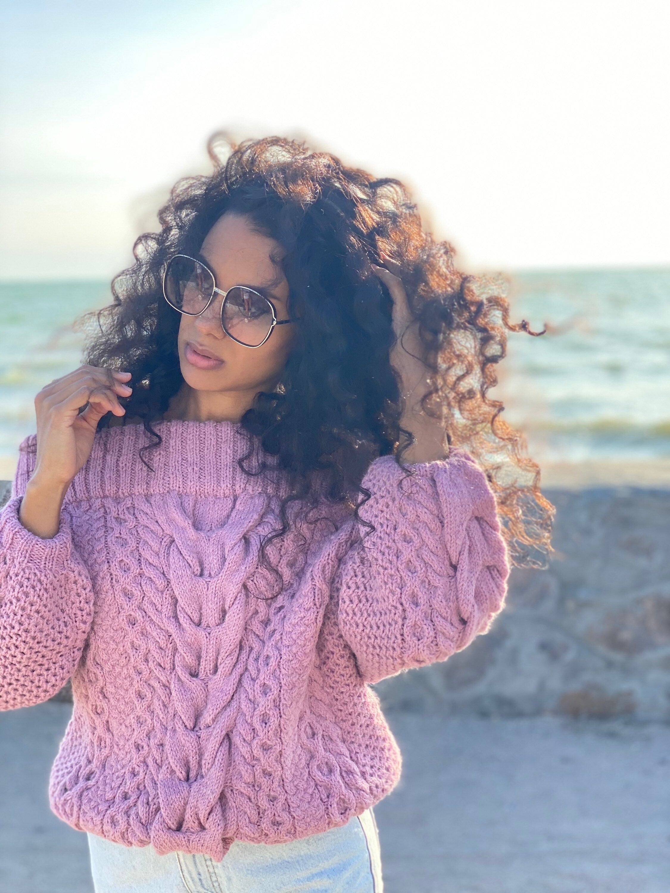 Pastel pink hand Dry dusty rose knit alpaca wool sweater woman Cable hand knit sweater Loose pullover Oversiz chunky knit bulky off shoulder