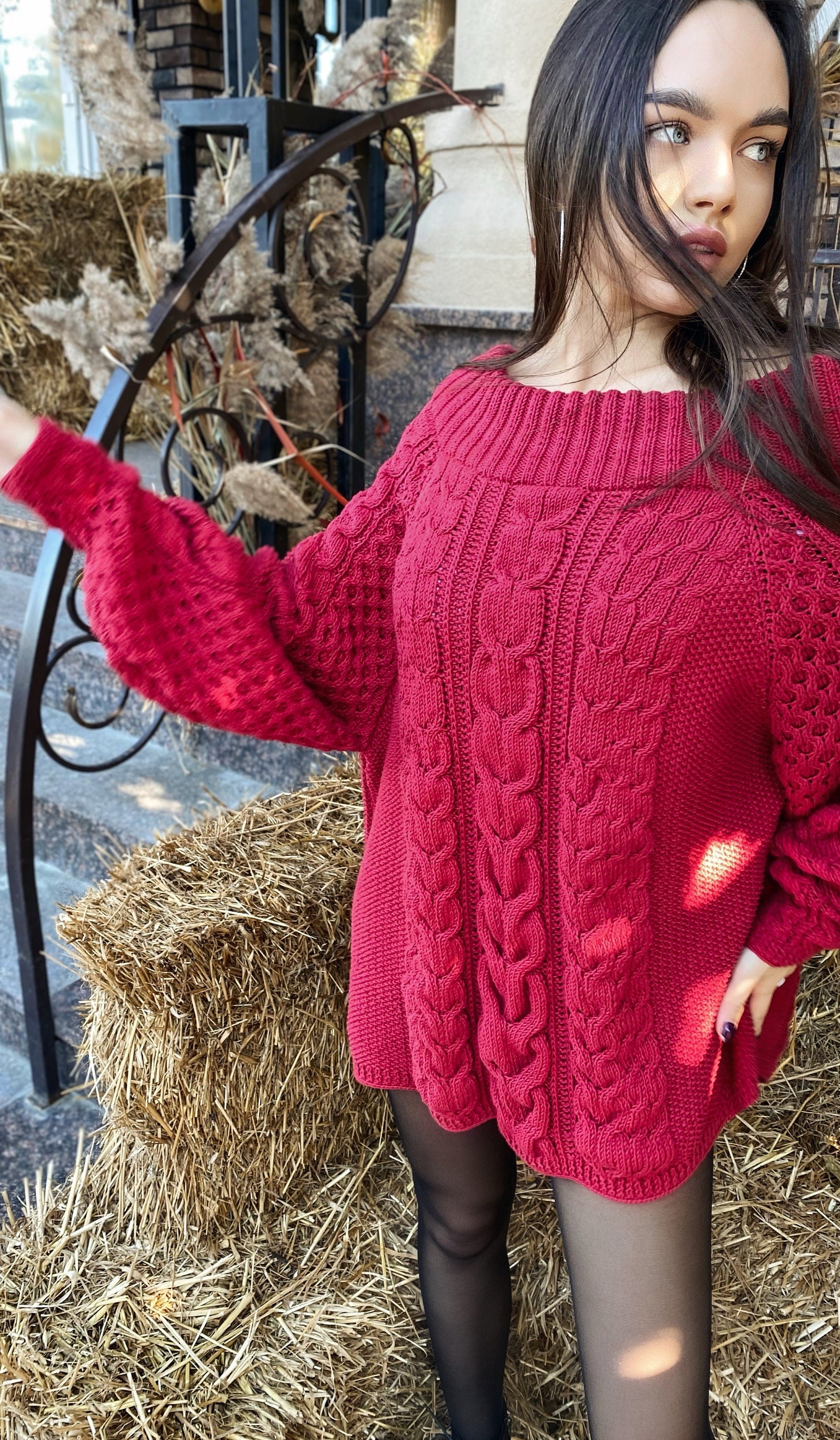 Red off shoulder hand knit sweater dress/bohemian sweater dress/off shoulder white dress/white knit tunic/braid chunky sweater