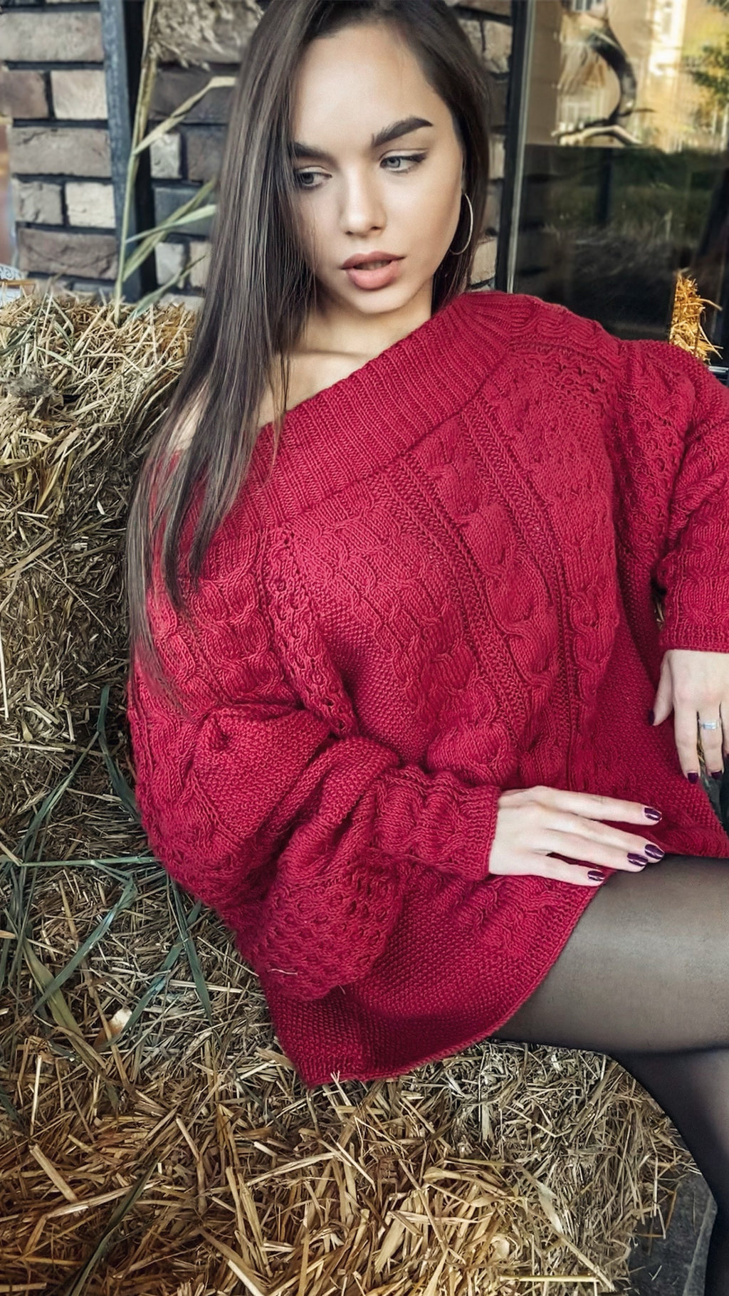 Red off shoulder hand knit sweater dress/bohemian sweater dress/off shoulder white dress/white knit tunic/braid chunky sweater