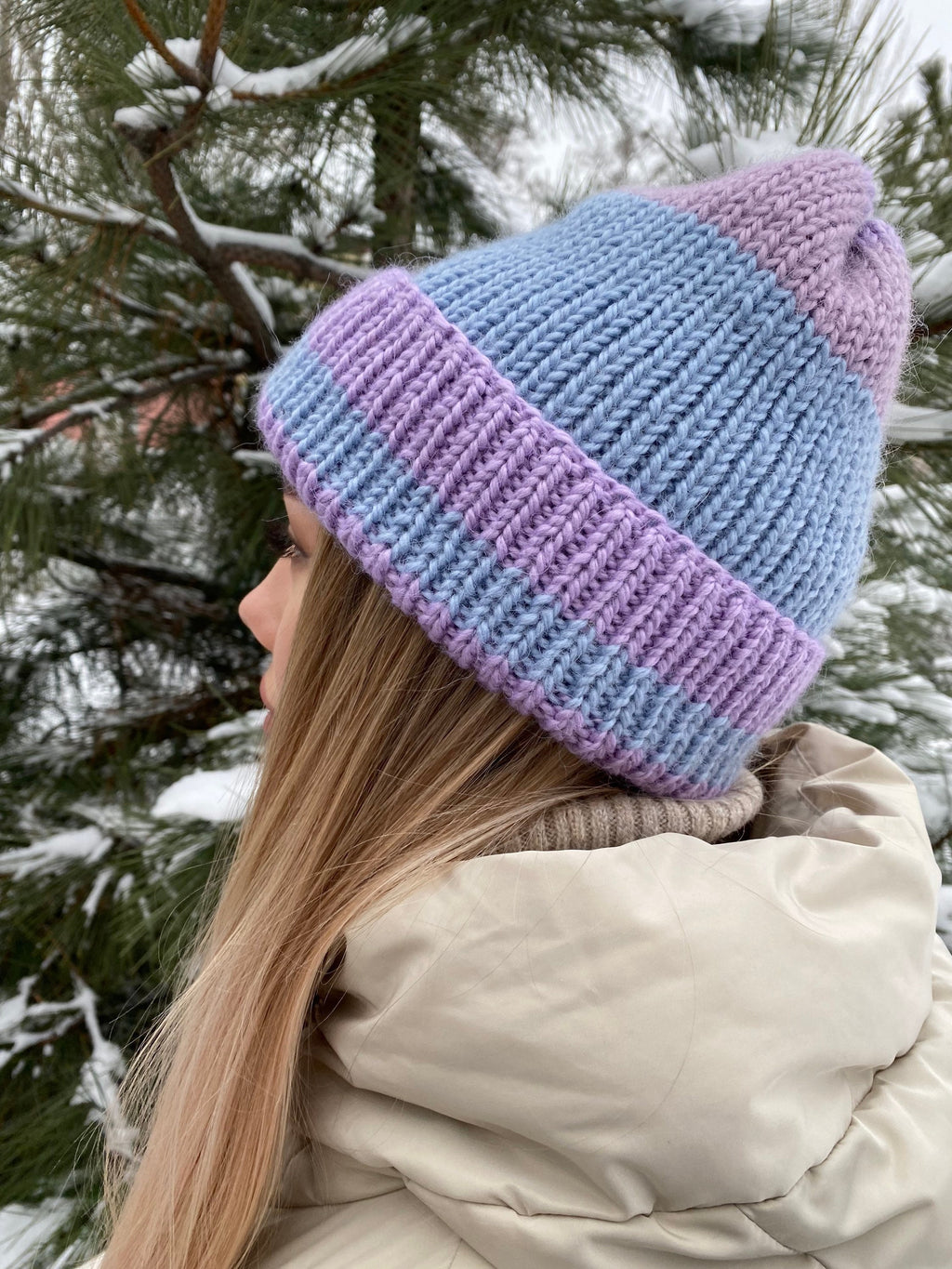 Knitted winter alpaca lilac beanie hat wool Lilac blue purple hat women unisex men Mini warm hat stocking Cable tie wraps around