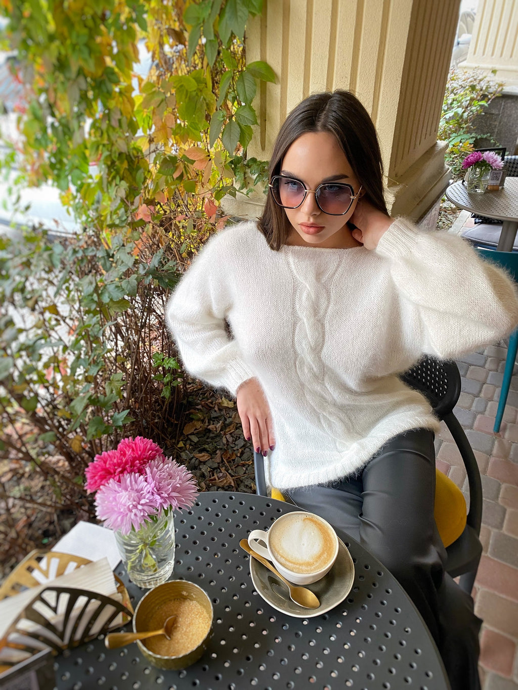White milk angora sweater Open back Deep neckline Knit fluffy angora pullover Loose fit oversized V-neck Fluffy Top long sleevs Cozy gift