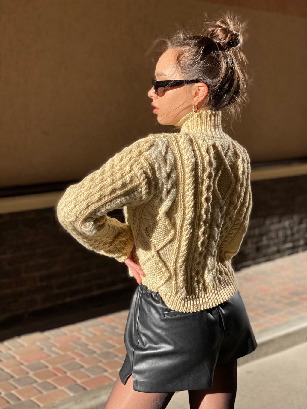 Hand knit scandinavian style sweater Chunky knit turtleneck pullover Oversize crop aran sweater Women cable knit sweater White Cream Ivory