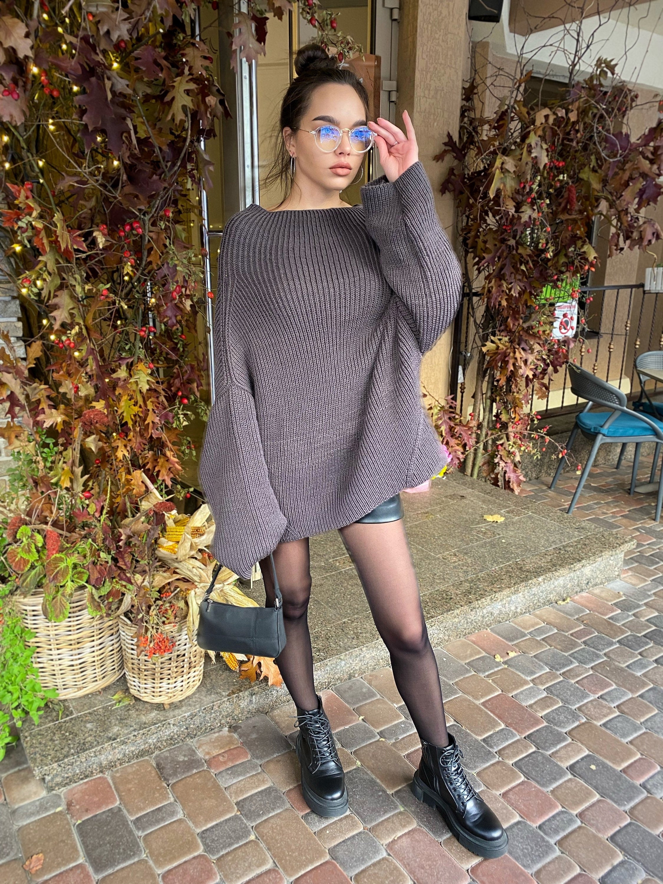 Cable hand knit Graphite Grey merino wool Sweater dress womens Chunki knit wool long big Khaki Jumper Fall sweater long sleeves boat neck