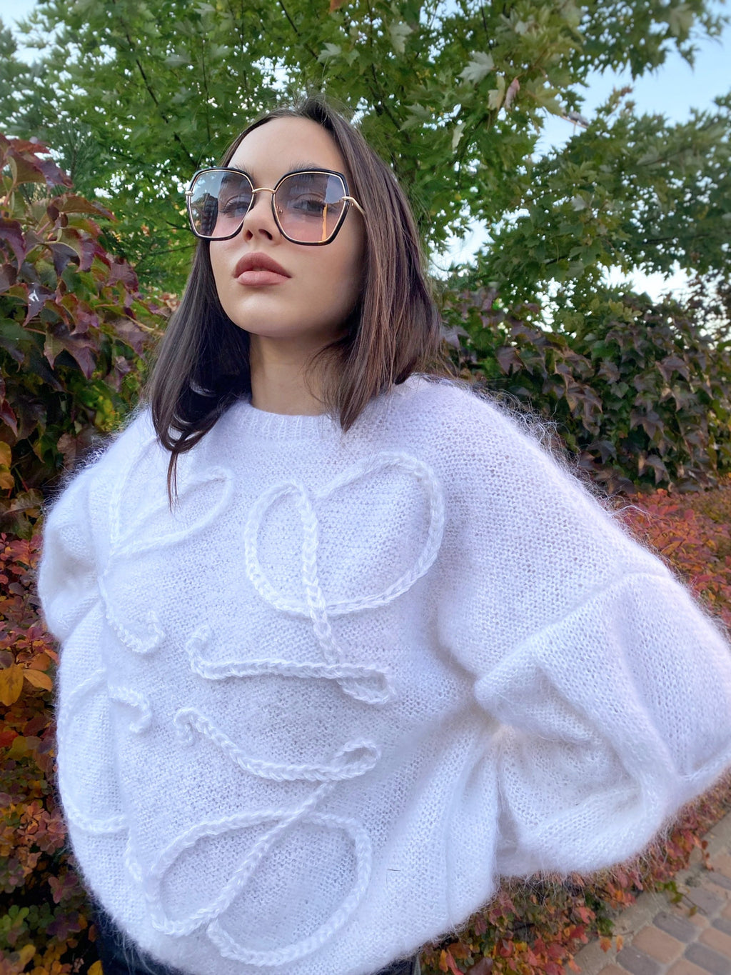 Mohair Cable knit Sweater White Fluffy oversized pullover lilac brown black purple Hand knit wool winter sweater for women Puff blouse