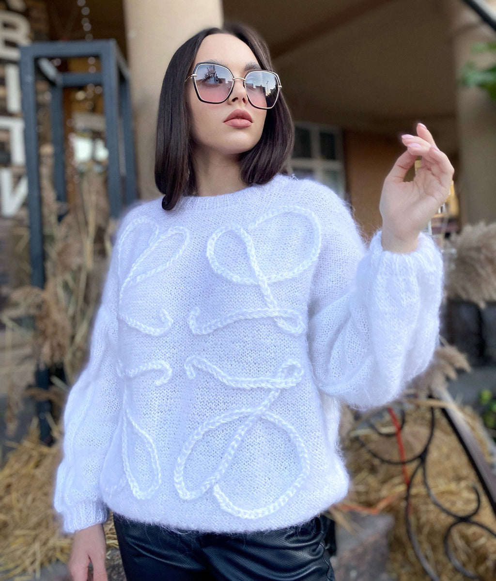 Mohair Cable knit Sweater White Fluffy oversized pullover lilac brown black purple Hand knit wool winter sweater for women Puff blouse