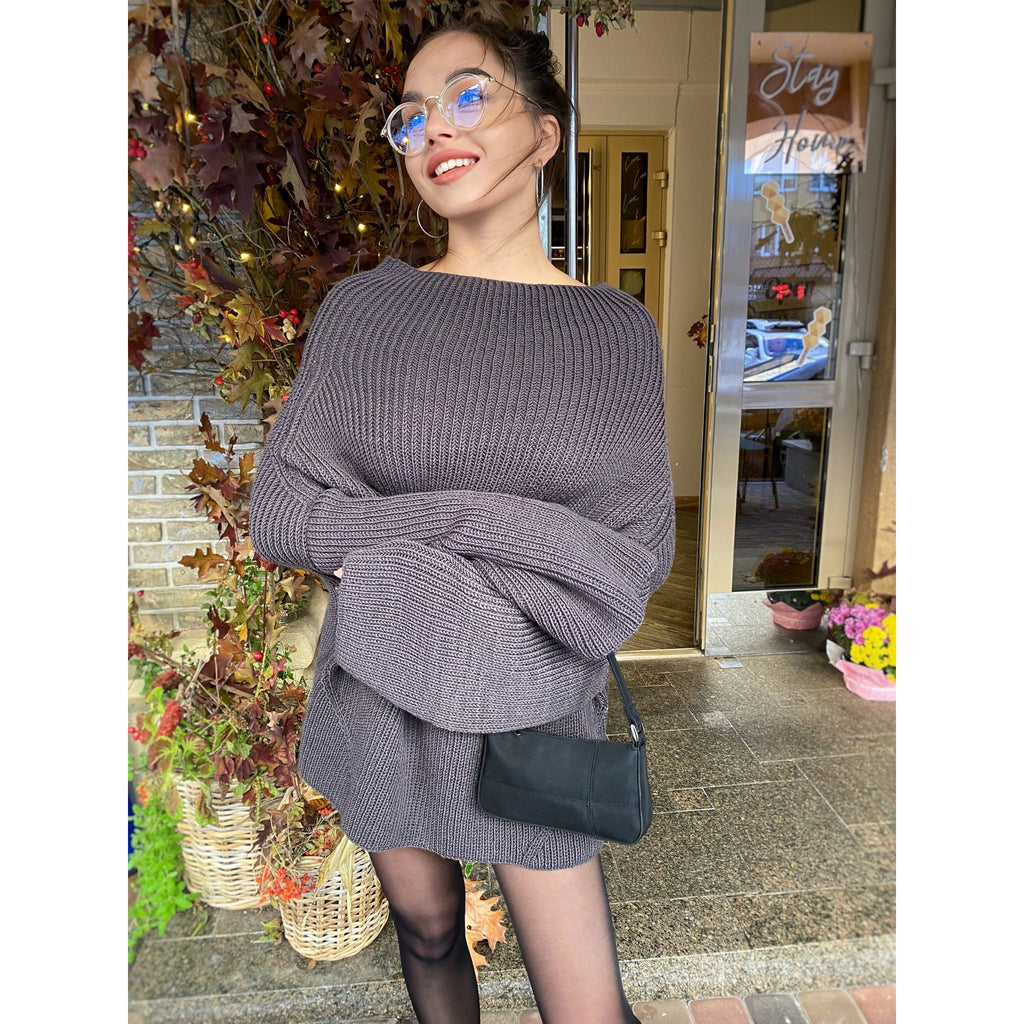 Cable hand knit Graphite Grey merino wool Sweater dress womens Chunki knit wool long big Khaki Jumper Fall sweater long sleeves boat neck
