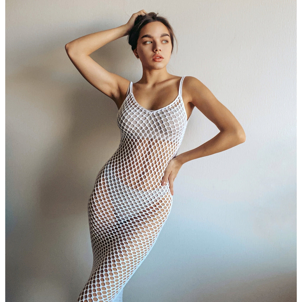 Sexy beach cover up for women/Сrocheted Midi sexy beach dress/White beach dress/White cover up/crochet mesh beach dress/Fishnet dress/Tunic