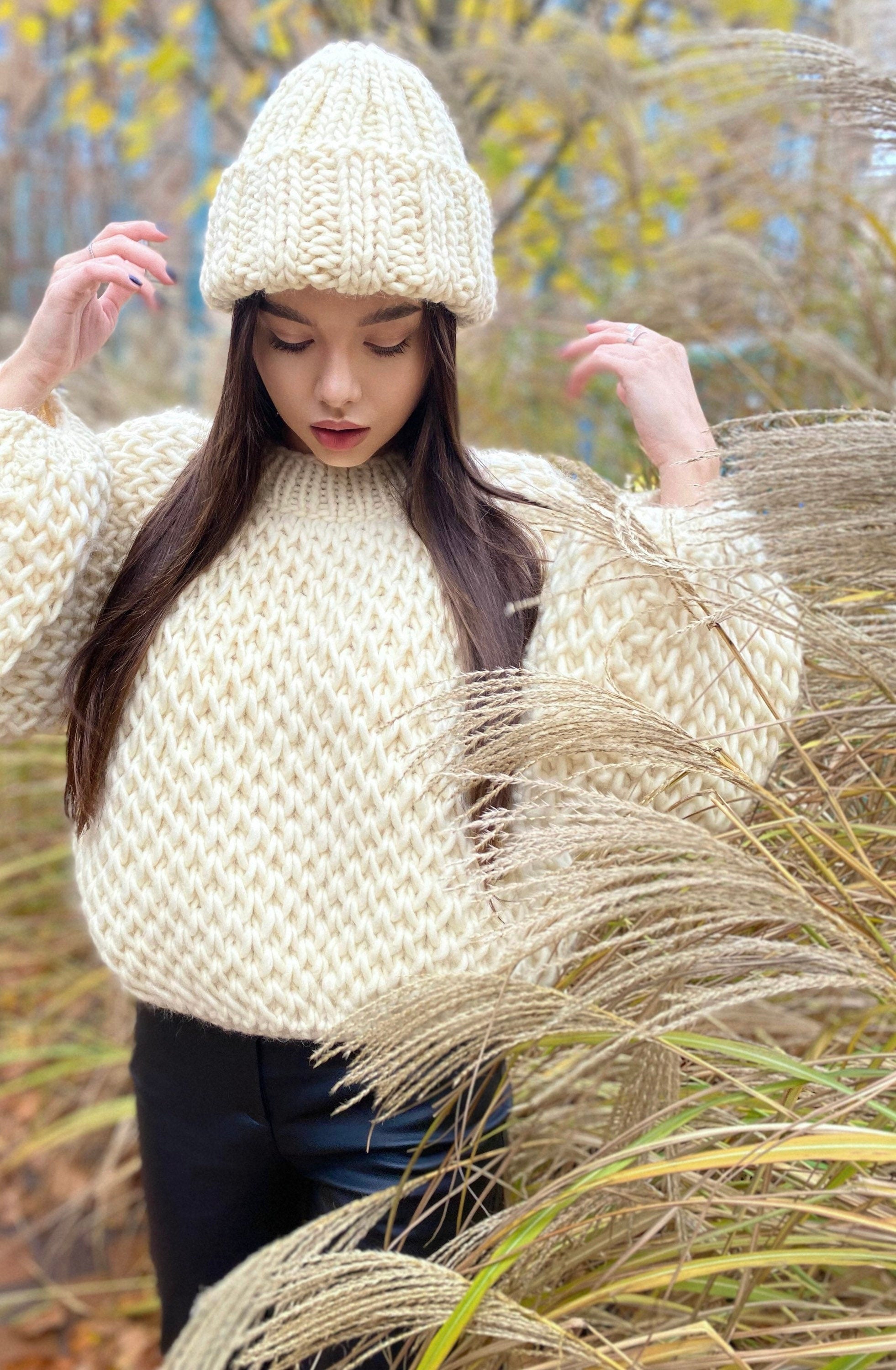 Chunky handknit alpaca wool soft milk sweater + Cable knit hat Hand knit Pastel sweater Cable knit crop pullover