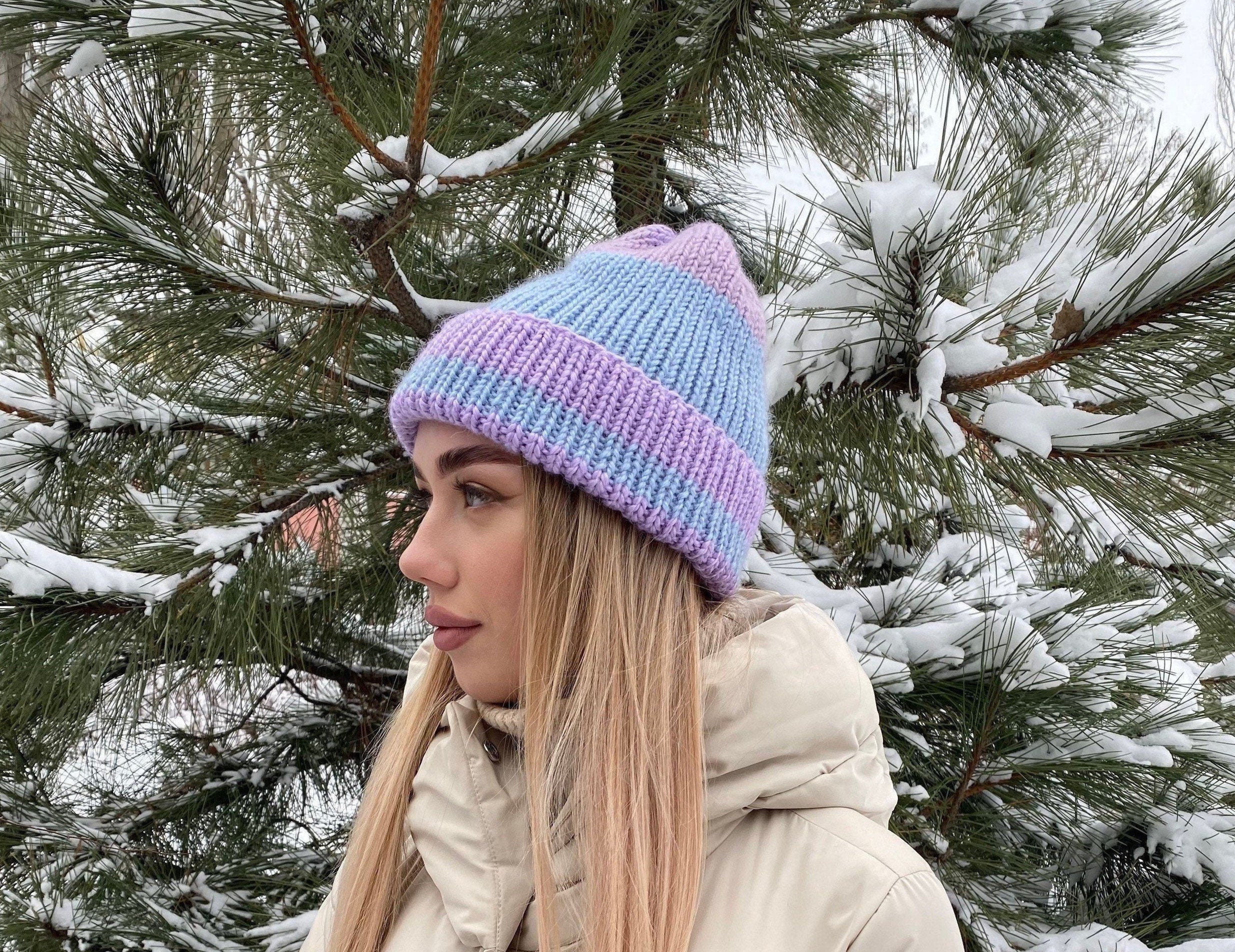 Knitted winter alpaca lilac beanie hat wool Lilac blue purple hat women unisex men Mini warm hat stocking Cable tie wraps around