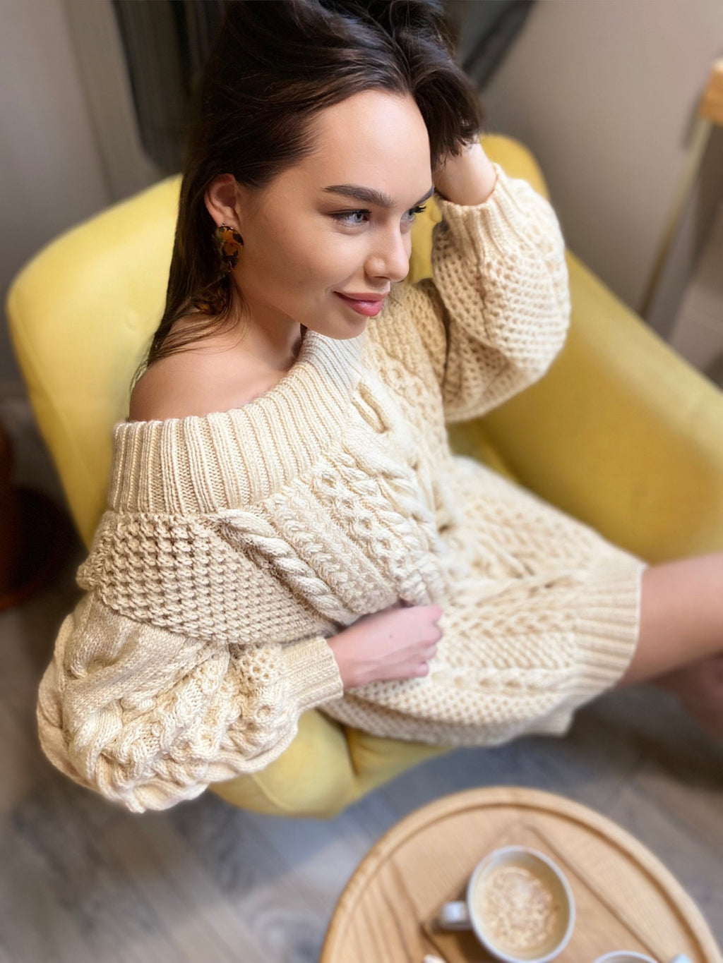 Hand knit merino wool mixture sweater dress Pastel cream off shoulder sweater Knitted jumpsuit dress sweater Loose knit jumper Eco pullover