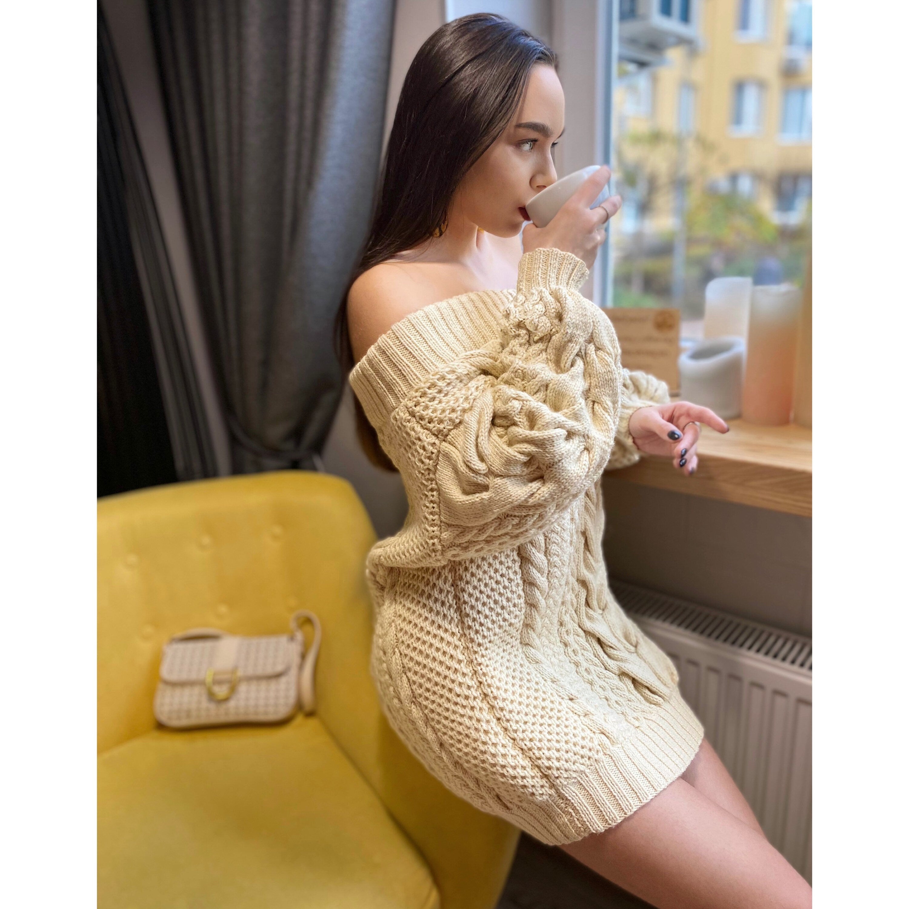 Hand knit merino wool mixture sweater dress Pastel cream off shoulder sweater Knitted jumpsuit dress sweater Loose knit jumper Eco pullover