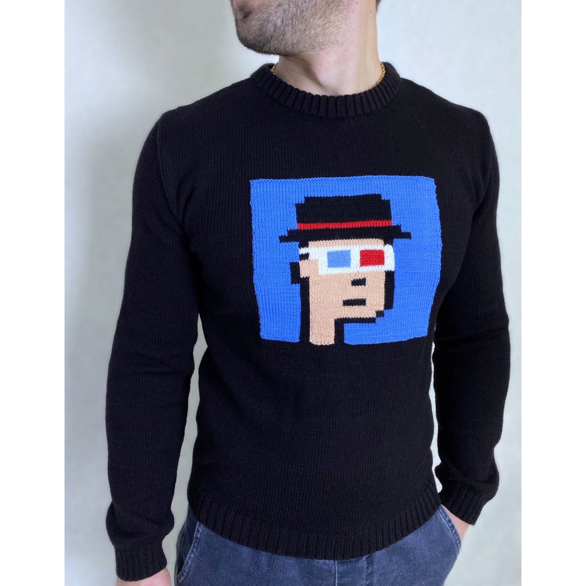 Knit black merino wool sweater Crypto jumper pixel unisex Funny Knit merino black blue bitcoin sweater ethereum ugly sweater gifts for him