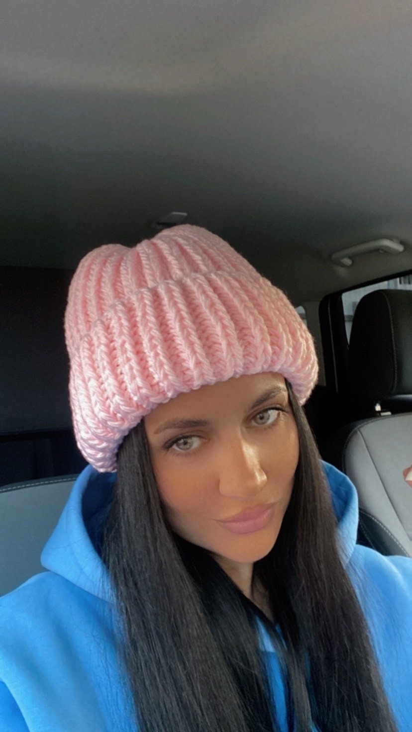 SOFT pink knitted winter hat women Polyacrylic beanie lapel winter hat Bulky hat chunky knit winter accessories Gift for her