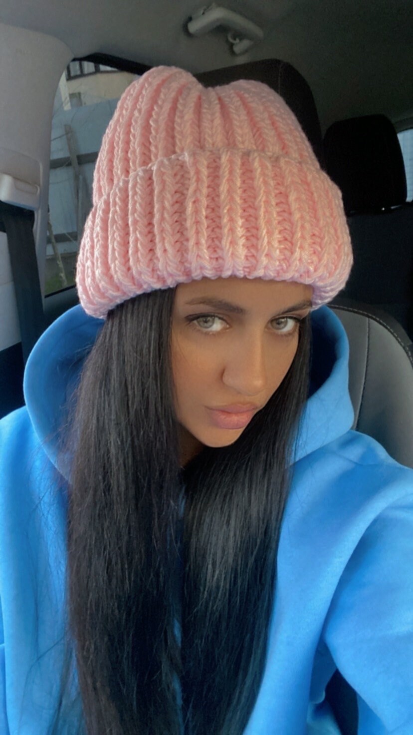 SOFT pink knitted winter hat women Polyacrylic beanie lapel winter hat Bulky hat chunky knit winter accessories Gift for her