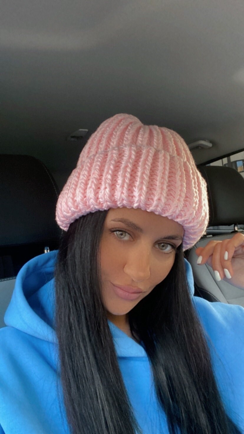 SOFT pink knitted winter hat women Polyacrylic beanie lapel winter hat Bulky hat chunky knit winter accessories Gift for her