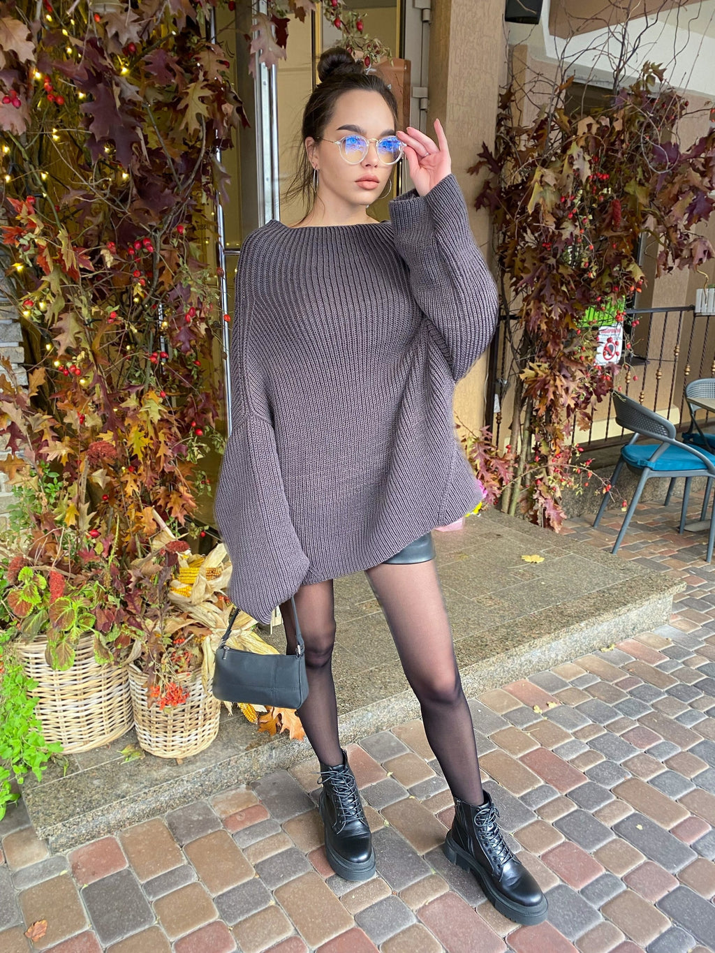 Cable hand knit Graphite Grey merino wool Sweater dress womens Chunki knit wool long big Khaki Jumper Fall sweater long sleeves boat neck
