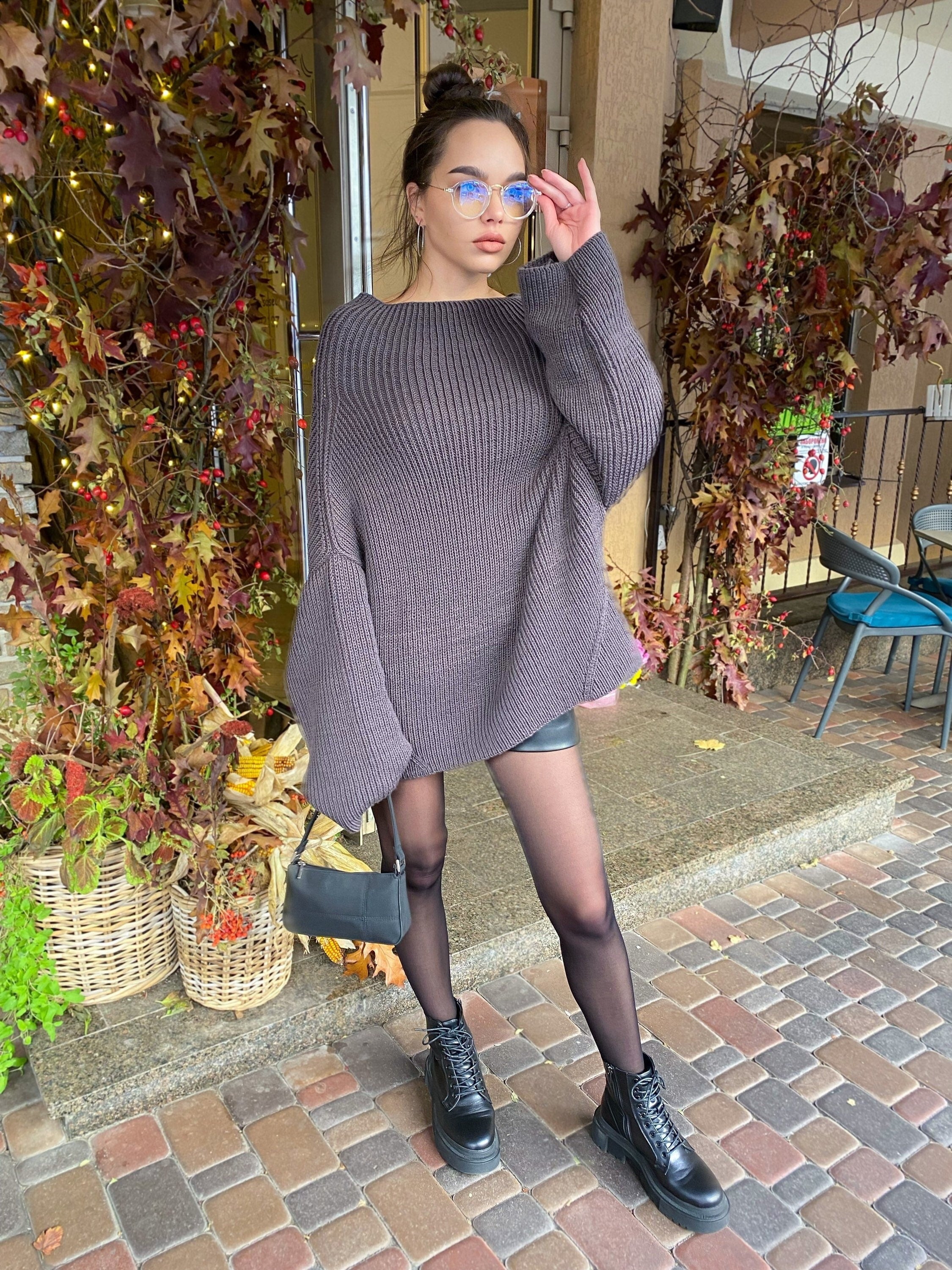 Cable hand knit Graphite Grey merino wool Sweater dress womens Chunki knit wool long big Khaki Jumper Fall sweater long sleeves boat neck