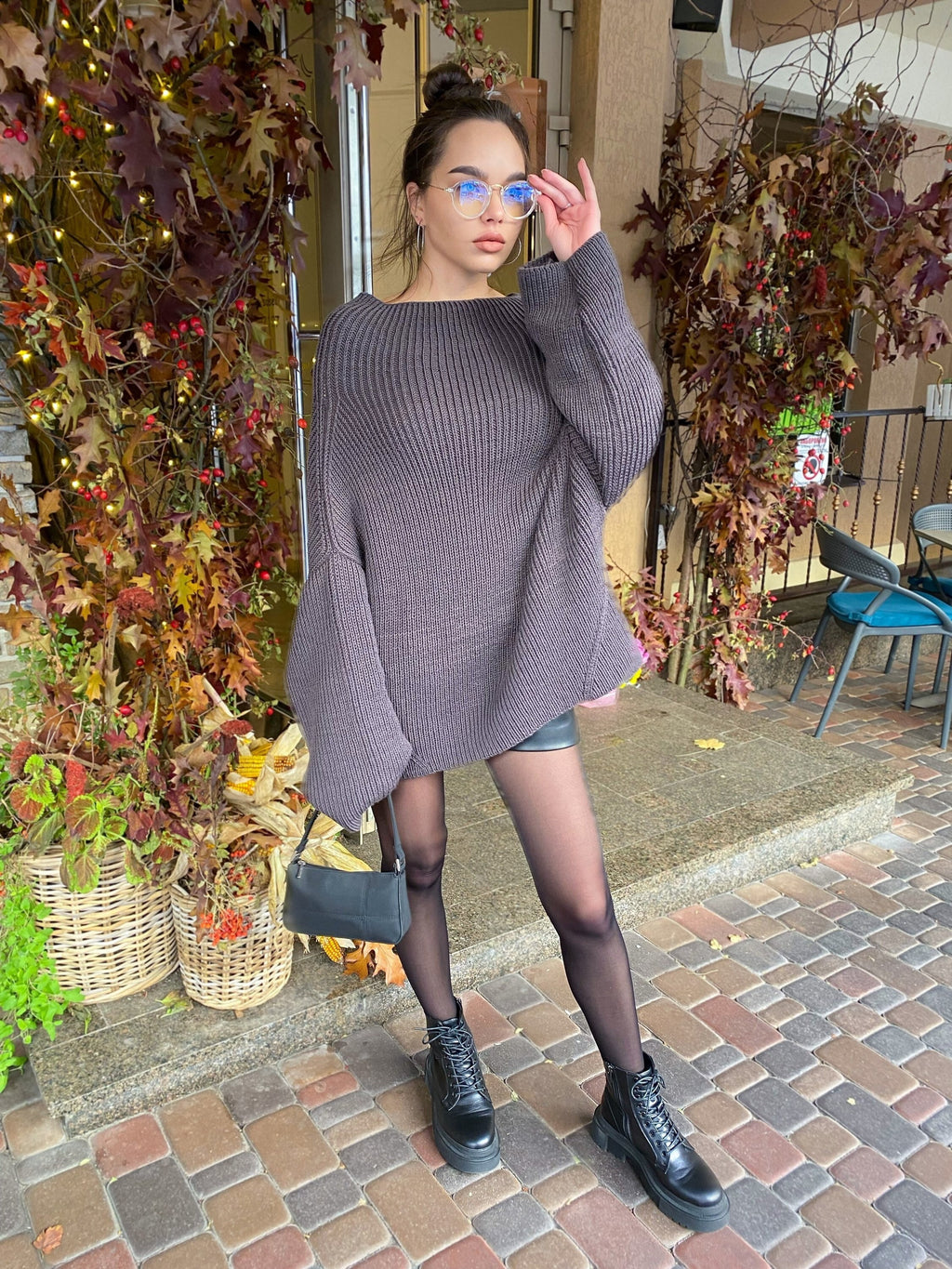 Chunky hand knit Graphite Grey merino wool Sweater dress womens knit wool long big Khaki Jumper Fall sweater long sleeves boat neck