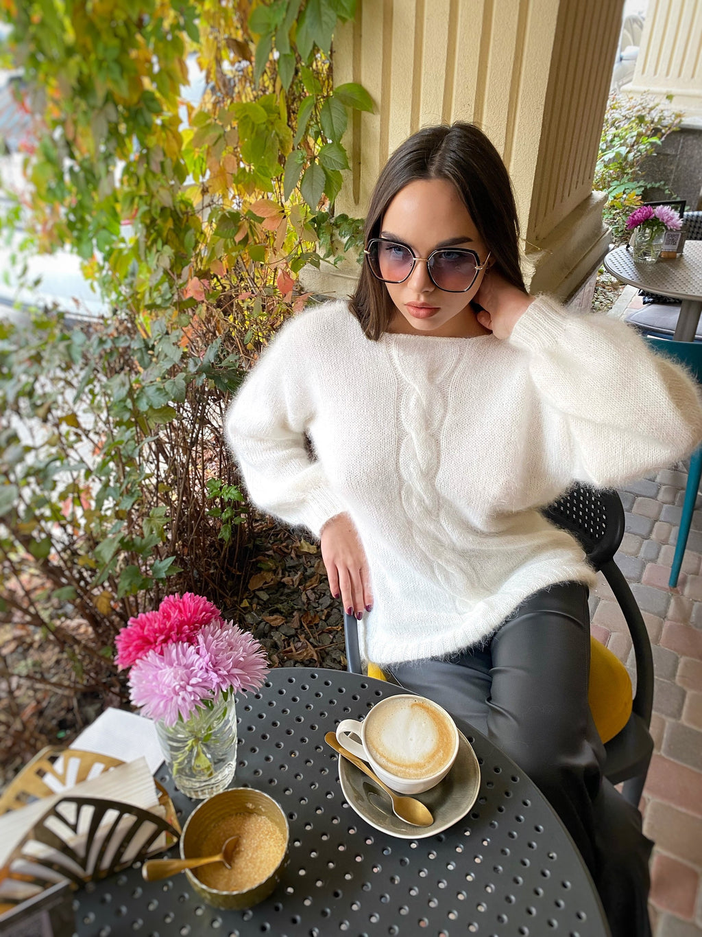 White Milk angora sweater Open back Deep neckline Knit fluffy angora pullover Loose fit oversized V-neck Top long sleevs Cozy gift her