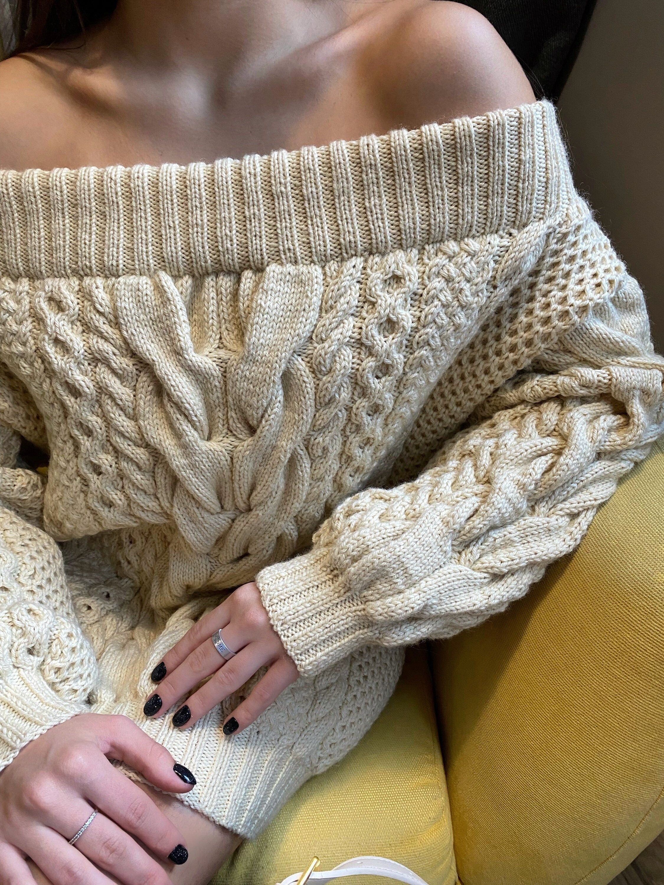 Off the shoulder pastel cream milk hand knit wool sweater Oversized Cable knit sweater Сhunky sweater dress Loose knit sustainable knitwear