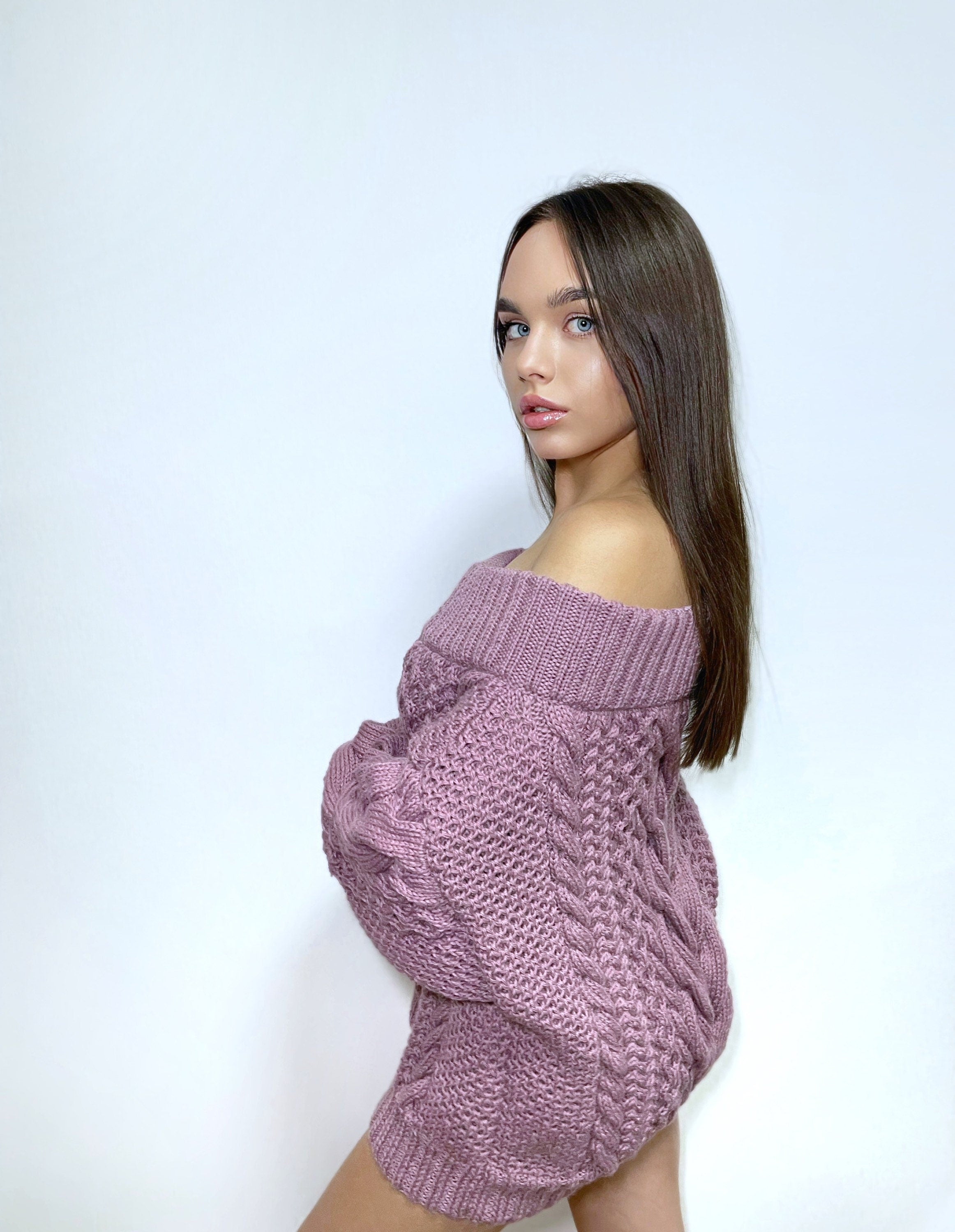 Off the shoulder aran lilac hand knit soft merino wool sweater Cable knit Сhunky sweater dress/sustainable knitwear Cowl neck sweater