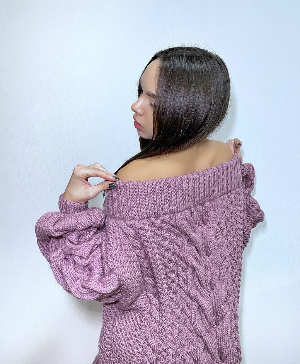 Off the shoulder aran lilac hand knit soft merino wool sweater Cable knit Сhunky sweater dress/sustainable knitwear Cowl neck sweater