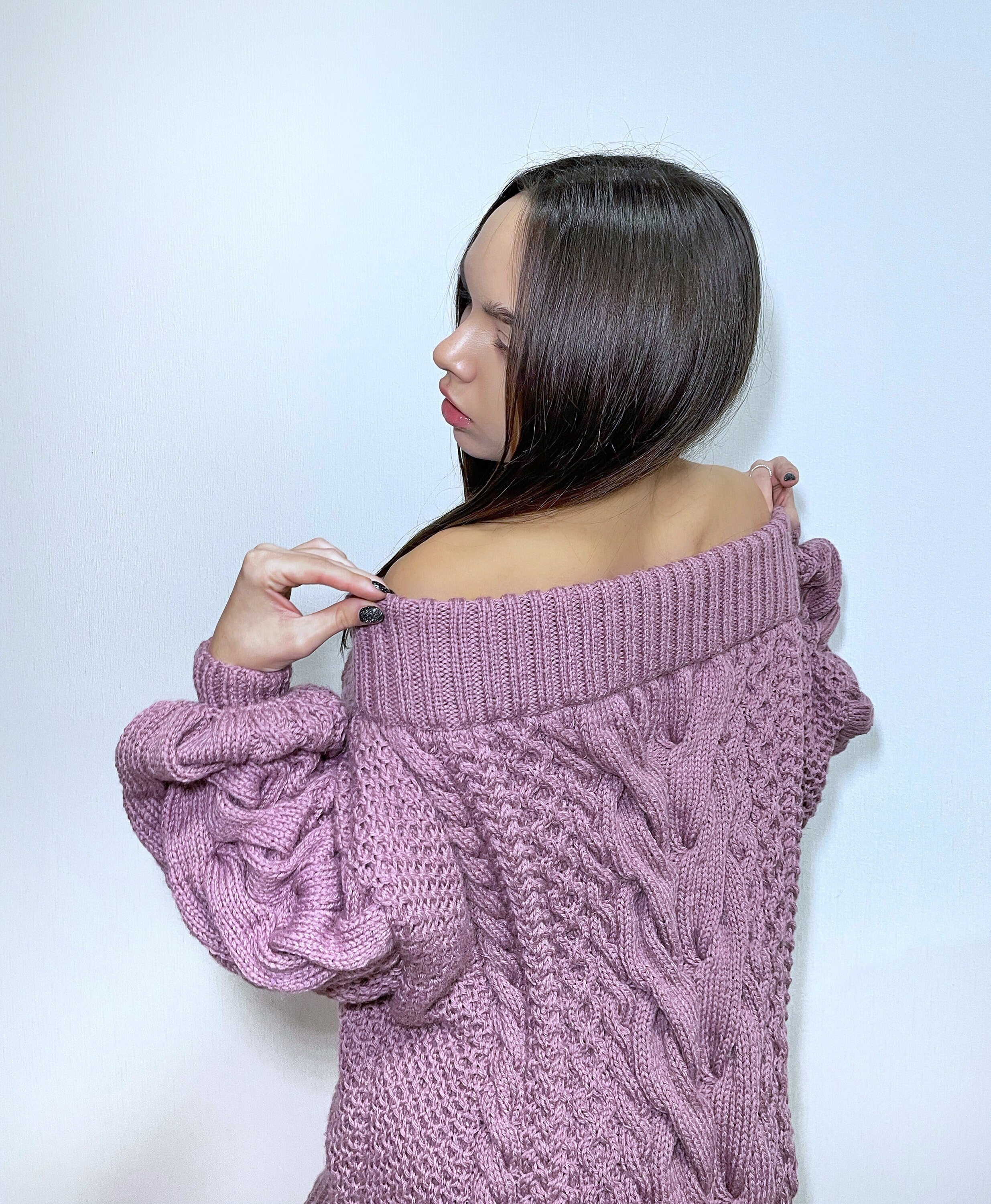 Off the shoulder aran lilac hand knit soft merino wool sweater Cable knit Сhunky sweater dress/sustainable knitwear Cowl neck sweater