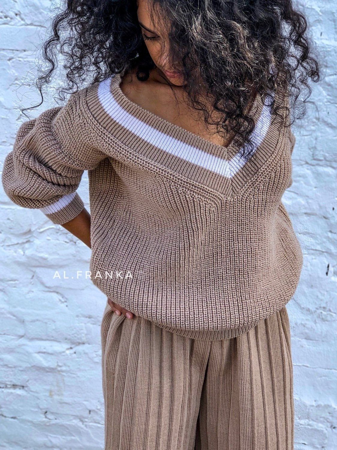 V-neck beige cable knitted merino wool sweater Chunky knit sweater women Beige Sweater Womens Chunky Thigh-High Sweater