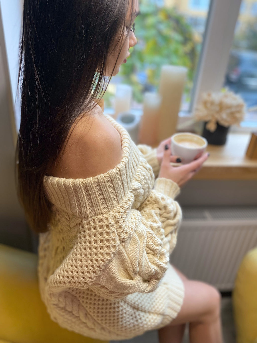 Off the shoulder pastel cream milk hand knit wool sweater Oversized Cable knit sweater Сhunky sweater dress Loose knit sustainable knitwear