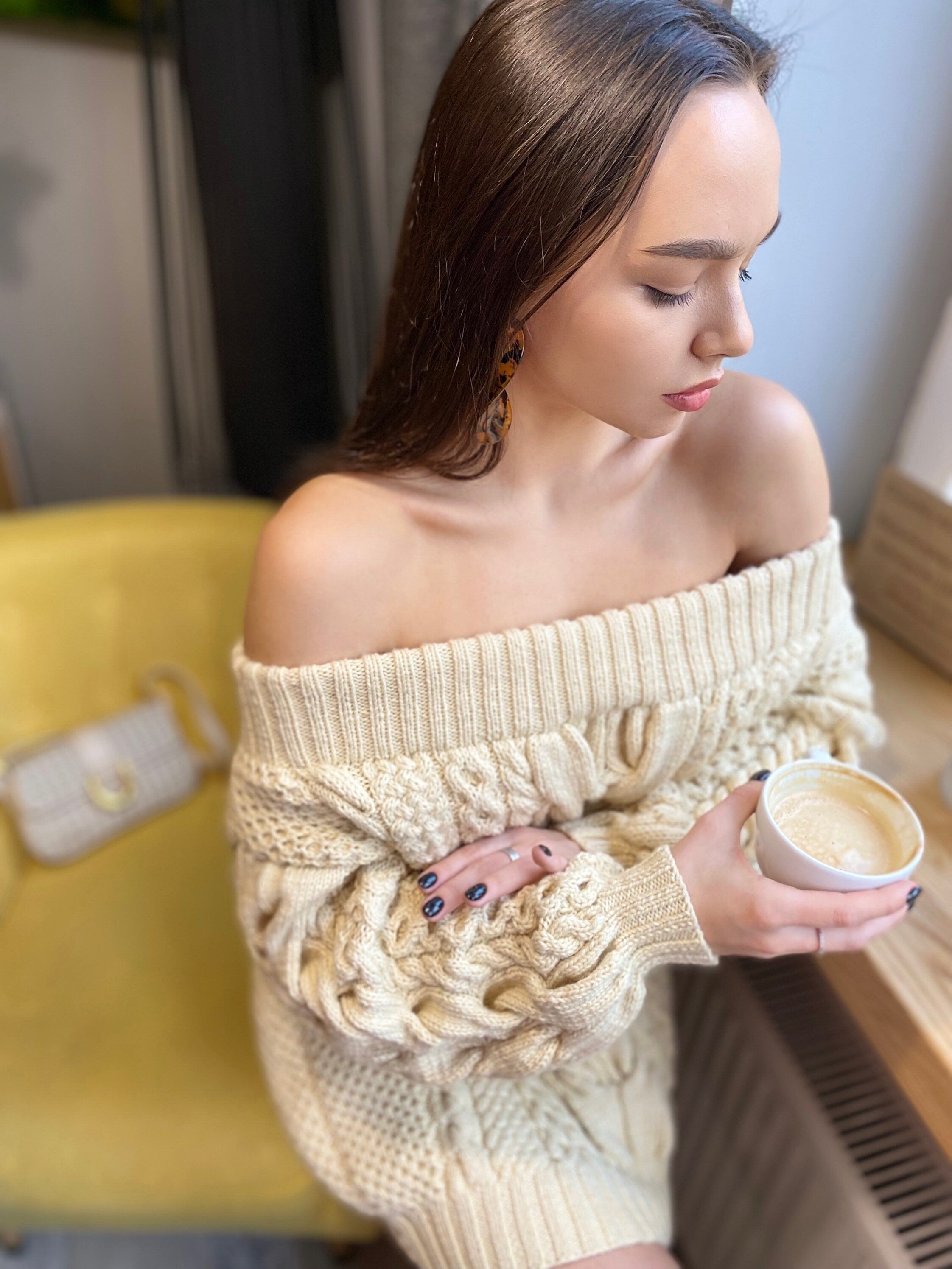 Hand knit merino wool mixture sweater dress Pastel cream off shoulder sweater Knitted jumpsuit dress sweater Loose knit jumper Eco pullover