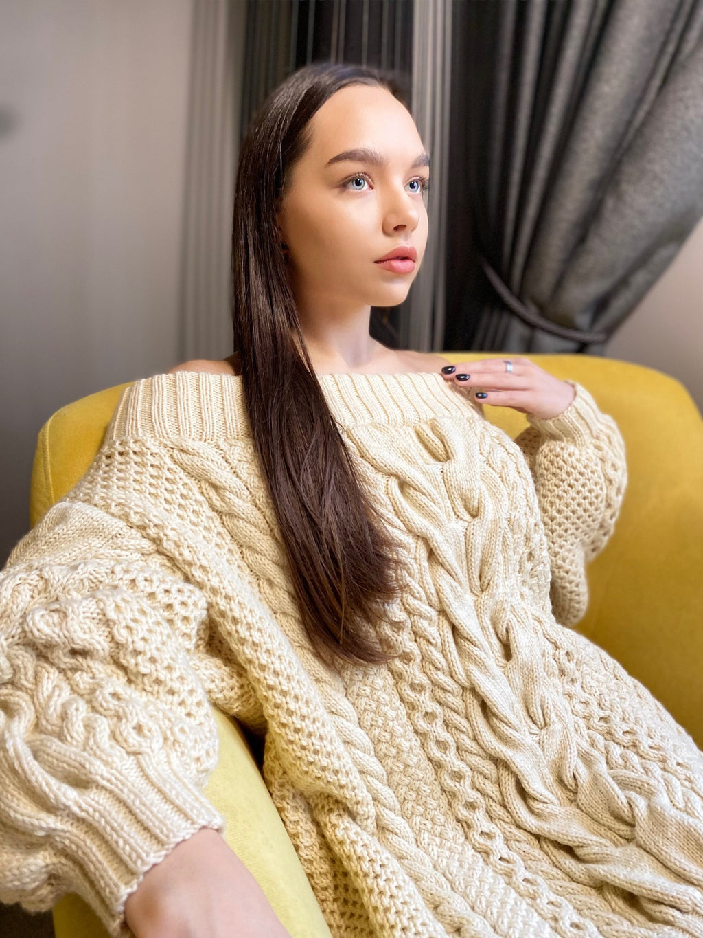 Hand knit merino wool mixture sweater dress Pastel cream off shoulder sweater Knitted jumpsuit dress sweater Loose knit jumper Eco pullover
