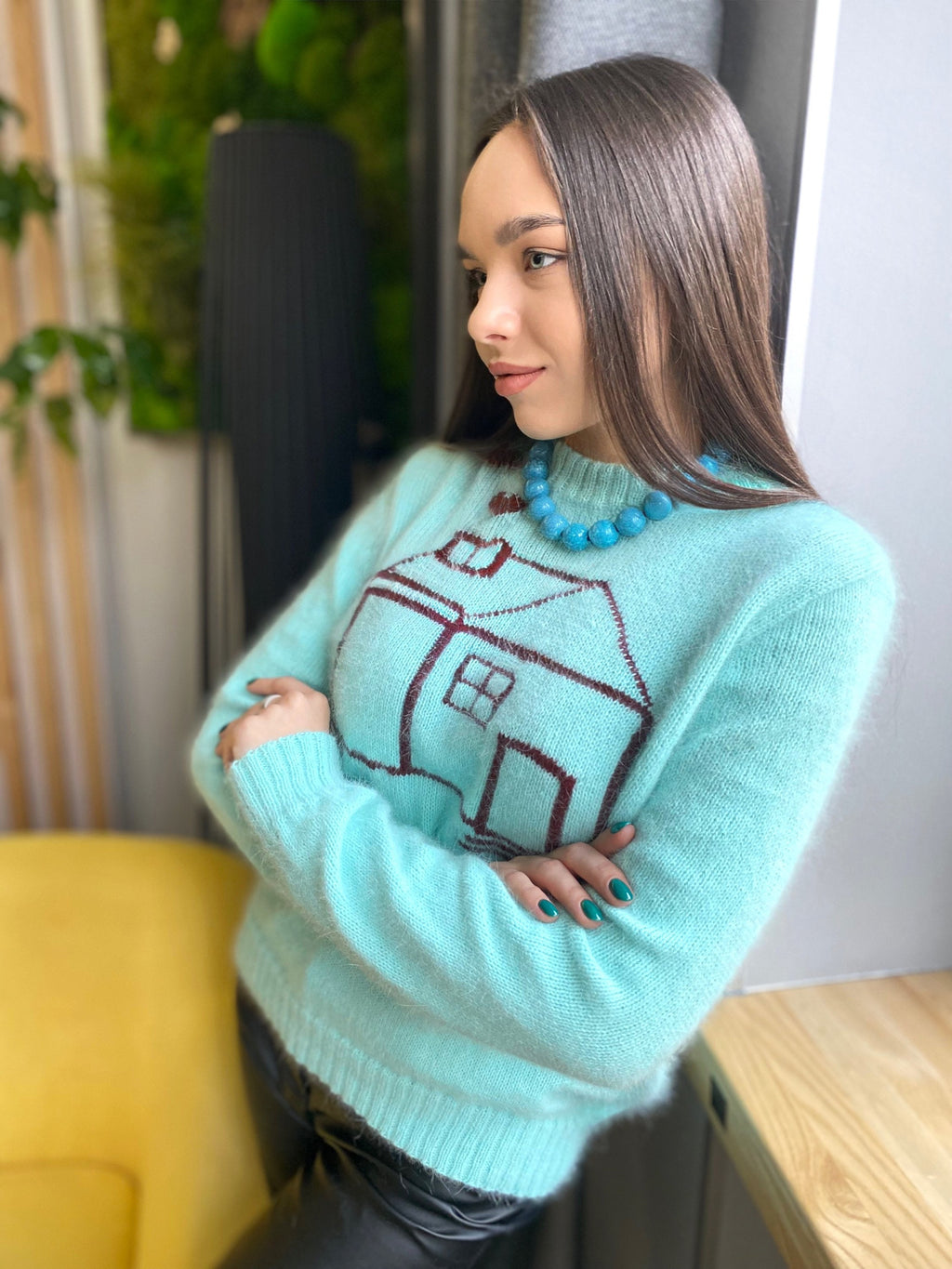Premium angora soft wool hand knit brown blue green sweater Gender neutral pullover Fluffy sweater knitted house Unisex Sweater