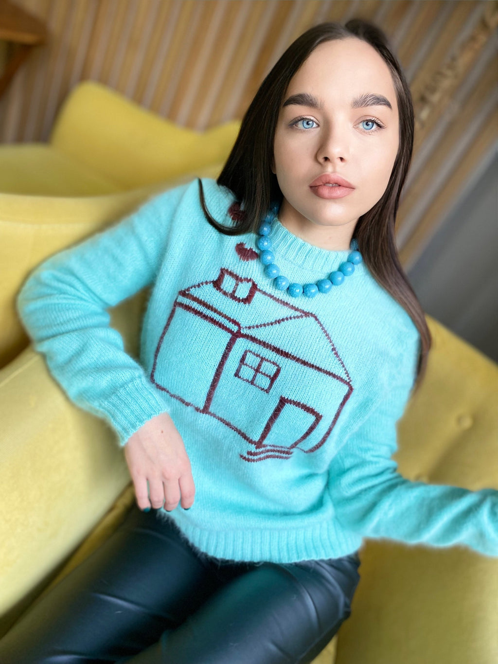 Angora wool hand knit sweater angora wool sweater Gender neutral celebrity pullover Fluffy sweater knitted house Unisex Sweater