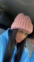 SOFT pink knitted winter hat women Polyacrylic beanie lapel winter hat Bulky hat chunky knit winter accessories Gift for her
