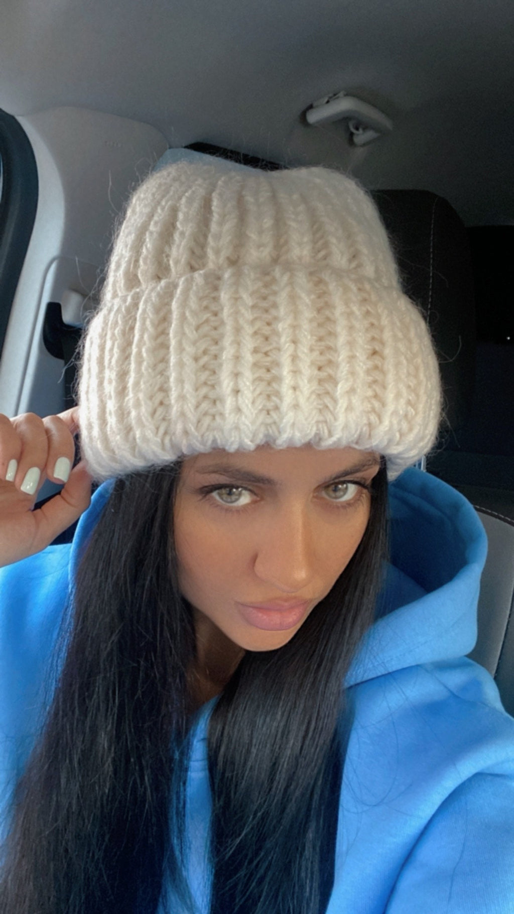 White Mohair wool chunky knit hat women Hand knitted volume beanie hat Winter fluffy white hat Women's accessories lapel hat Gift for her