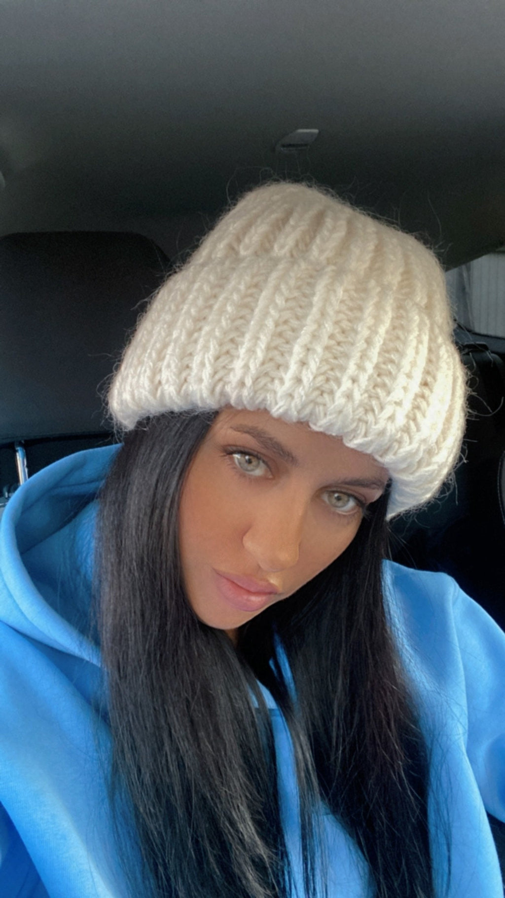 White Mohair wool chunky knit hat women Hand knitted volume beanie hat Winter fluffy white hat Women's accessories lapel hat Gift for her