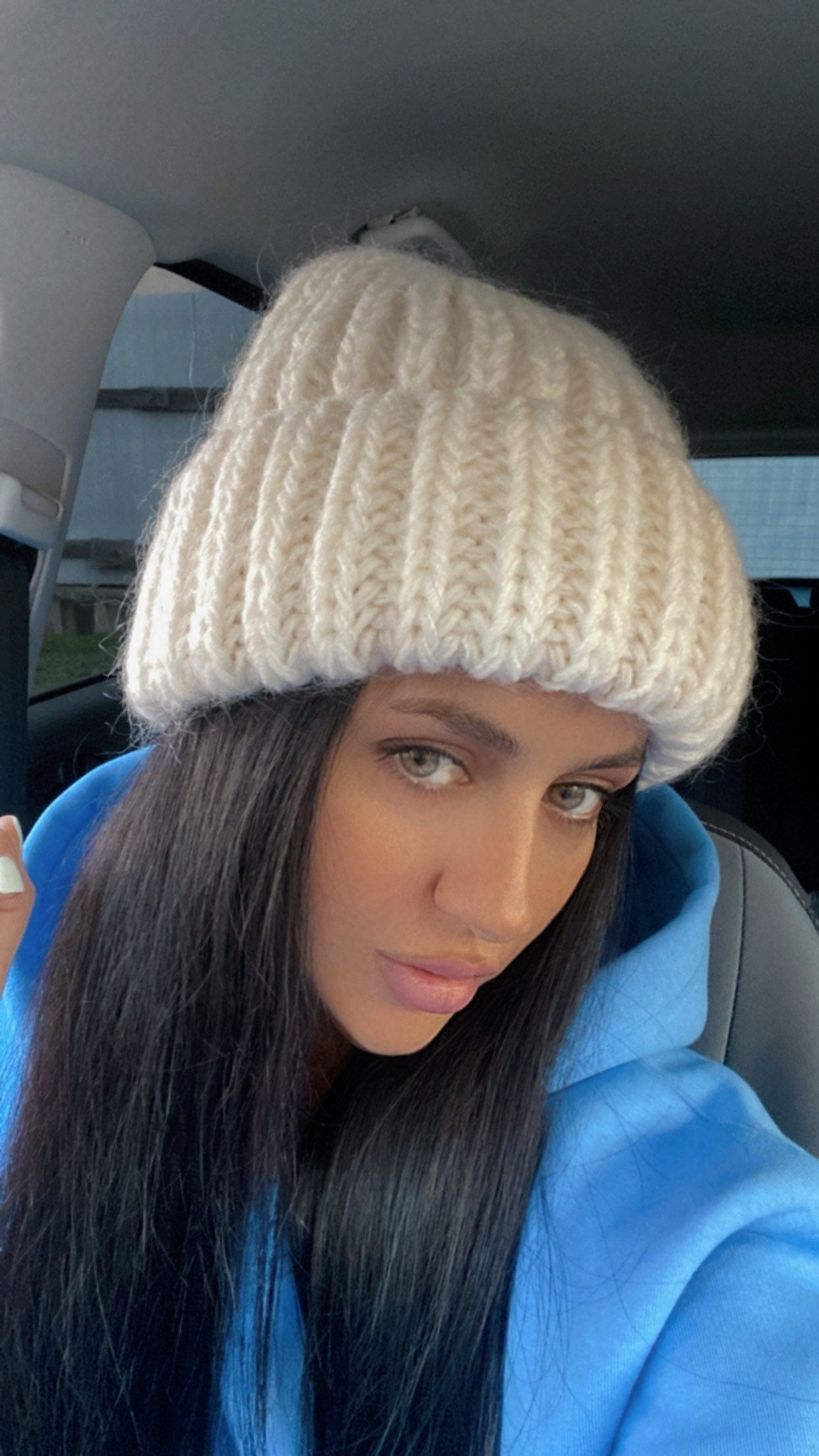 White Mohair wool chunky knit hat women Hand knitted volume beanie hat Winter fluffy white hat Women's accessories lapel hat Gift for her