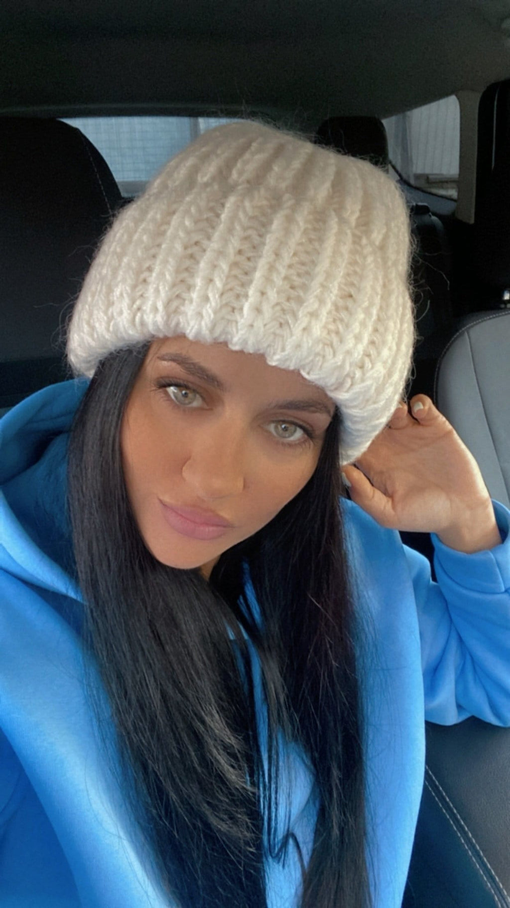 White Mohair wool chunky knit hat women Hand knitted volume beanie hat Winter fluffy white hat Women's accessories lapel hat Gift for her