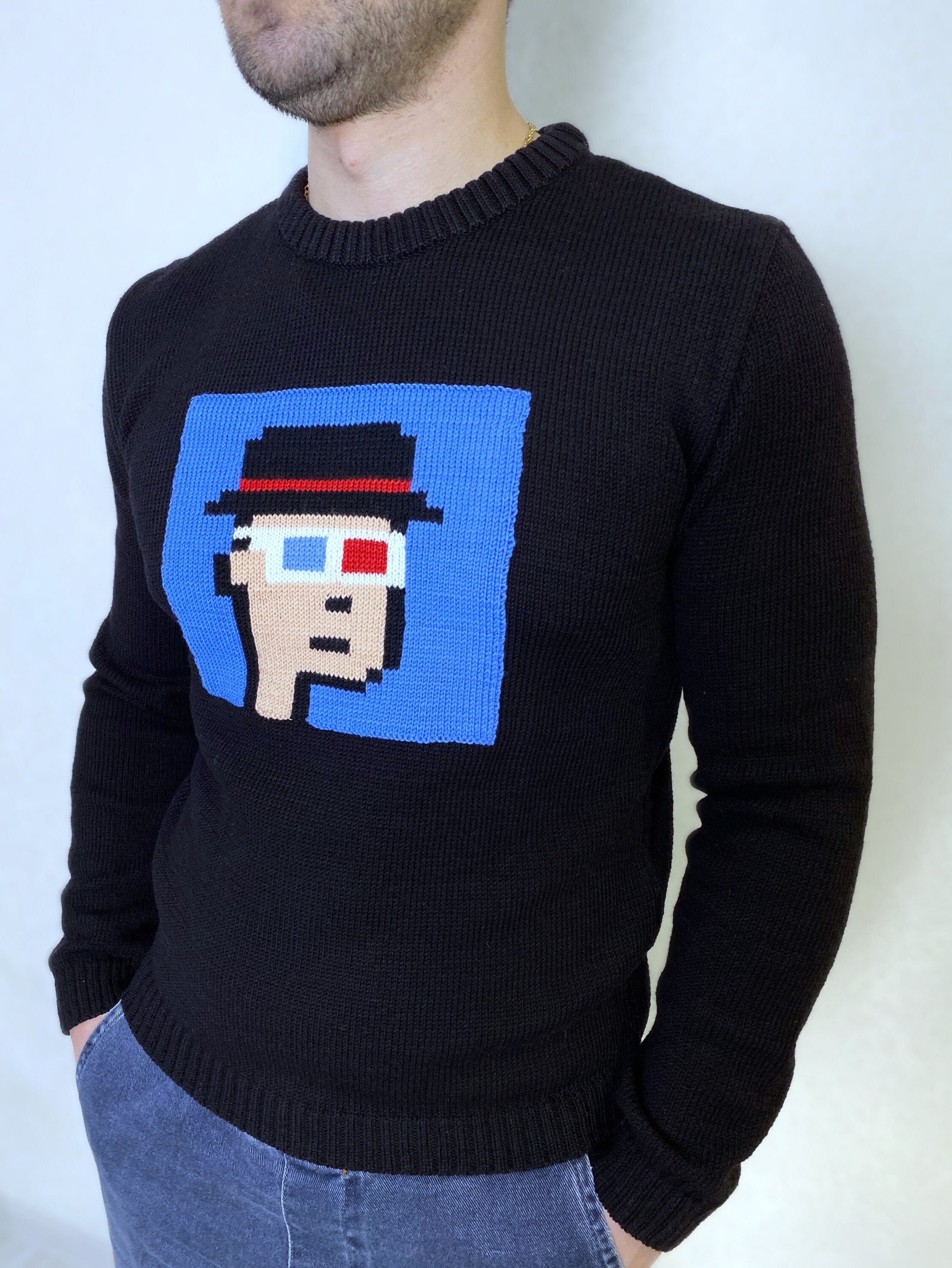 Knit black merino wool sweater Crypto jumper pixel unisex Funny Knit merino black blue bitcoin sweater ethereum ugly sweater gifts for him