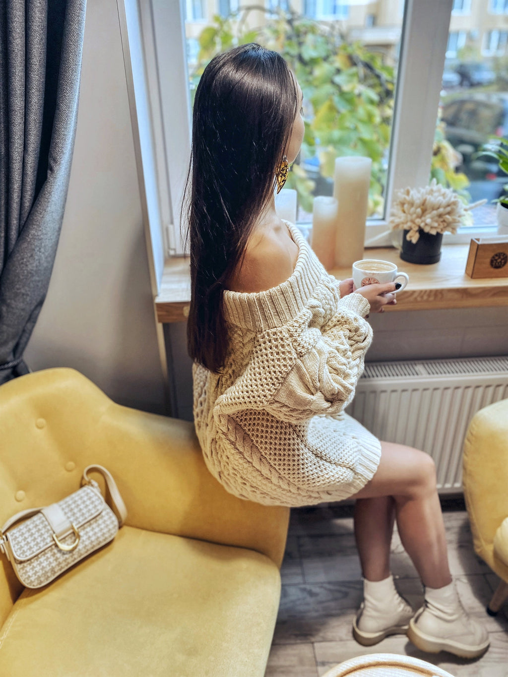 Off the shoulder pastel cream milk hand knit wool sweater Oversized Cable knit sweater Сhunky sweater dress Loose knit sustainable knitwear