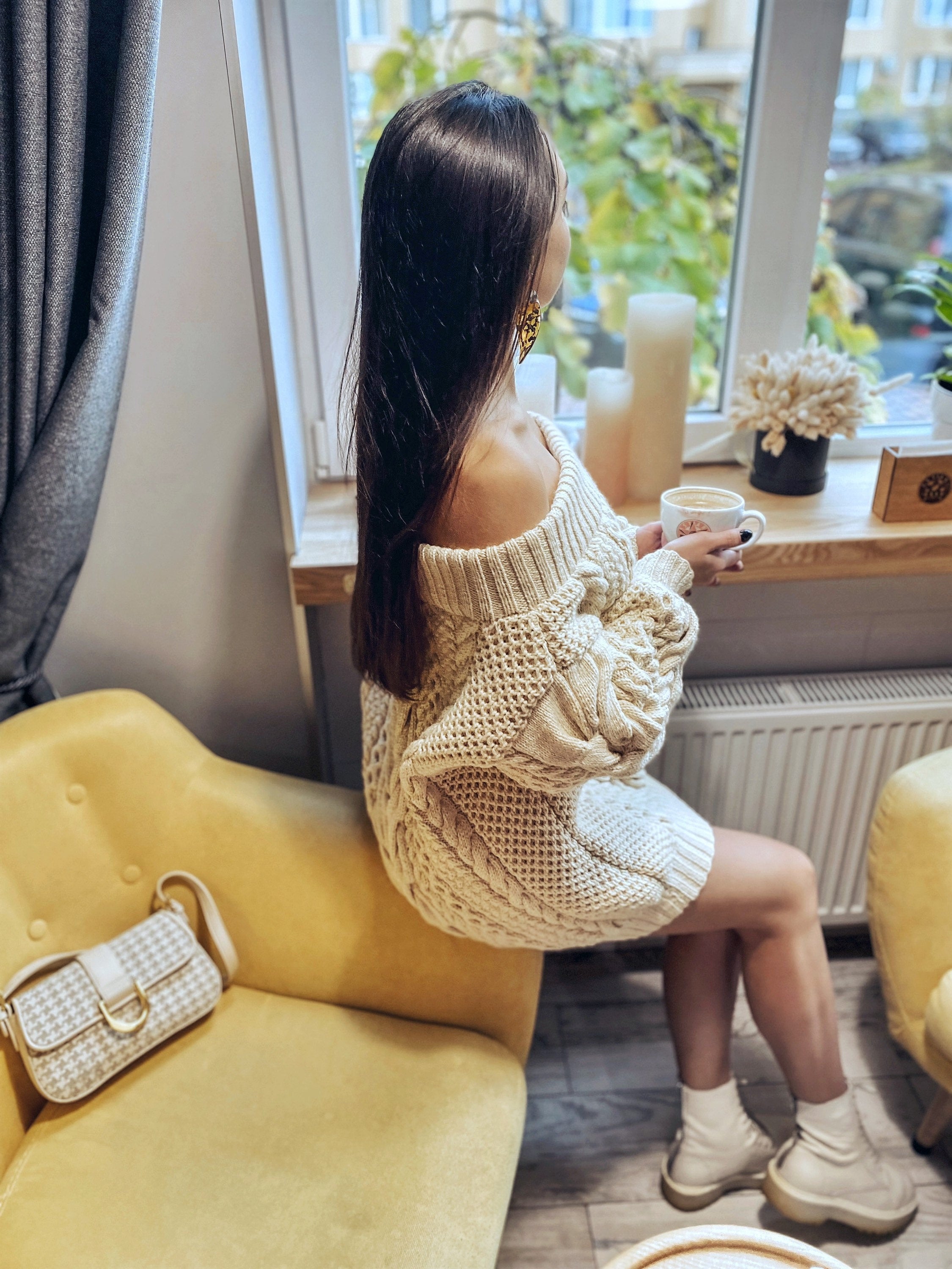Off the shoulder pastel cream milk hand knit wool sweater Oversized Cable knit sweater Сhunky sweater dress Loose knit sustainable knitwear