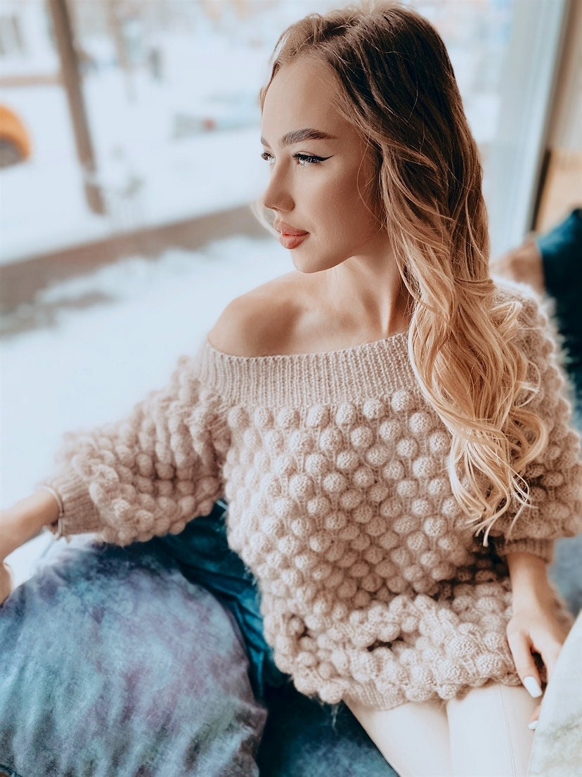 Mohair beige oversized sweater dress off the shoulder Chunky hand knit dress Open shoulders wool long sweater Many colors sweater-dress