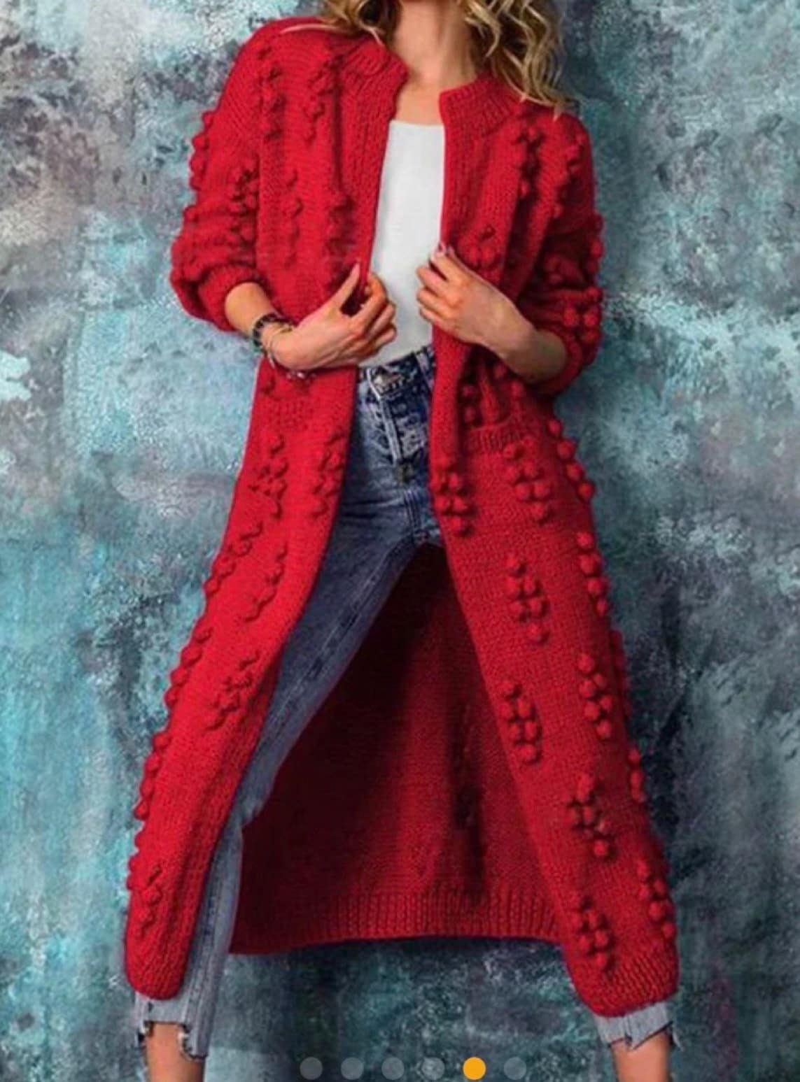Hand knit merino wool mixture Midi cardigan Long popcorn for women Popcorn Stitch Bobble Chunky knit sweater