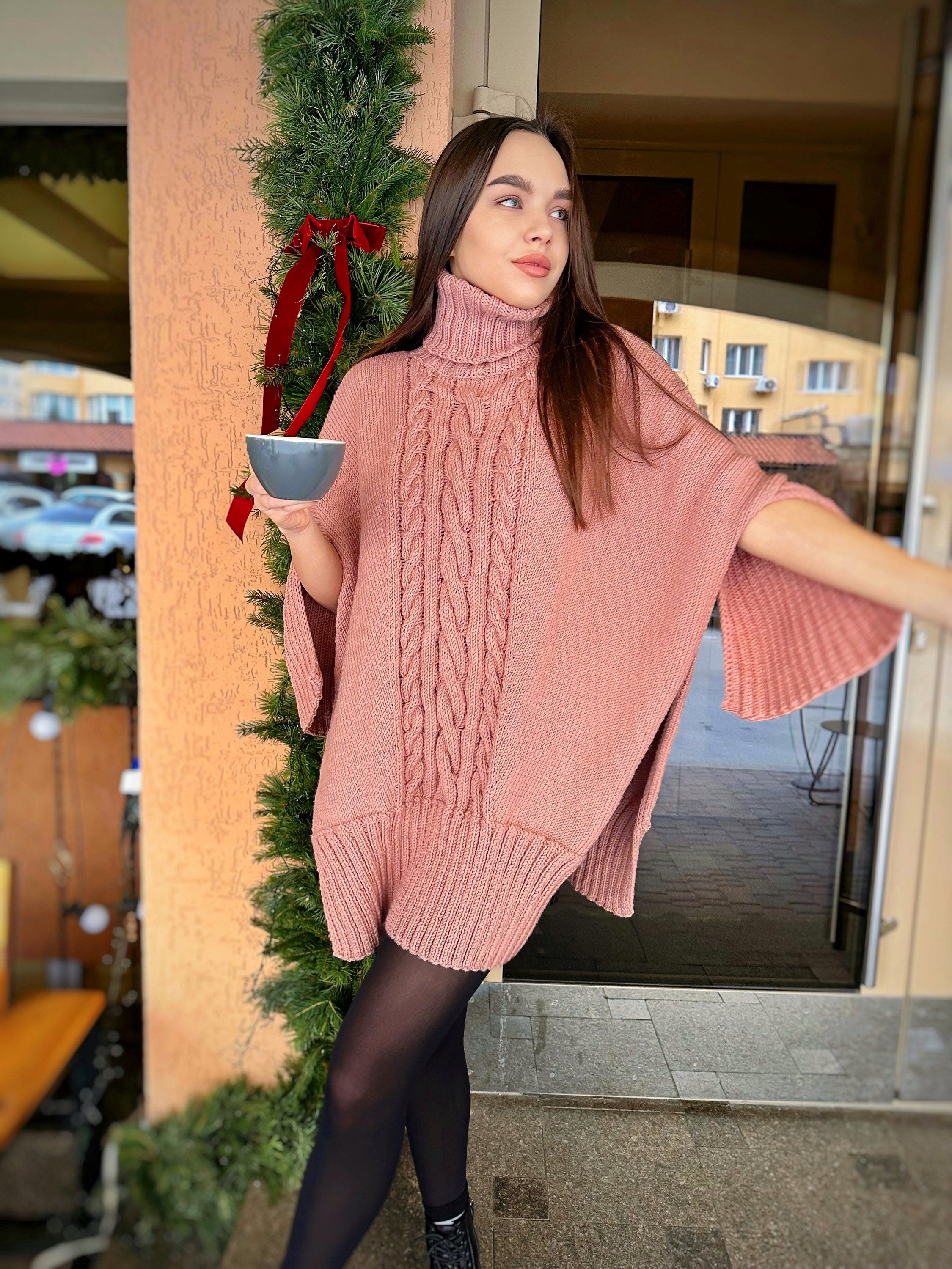 Cable hand knit sweater Sweater dress high collar turtleneck collar - accordion Brown Pink tunic with side slits Hand Knit oversize jumper