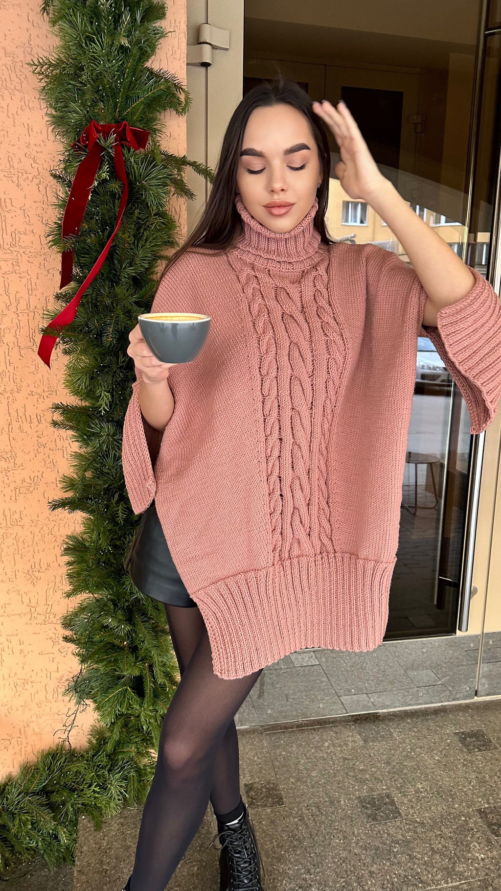 Cable hand knit sweater Sweater dress high collar turtleneck collar - accordion Brown Pink tunic with side slits Hand Knit oversize jumper