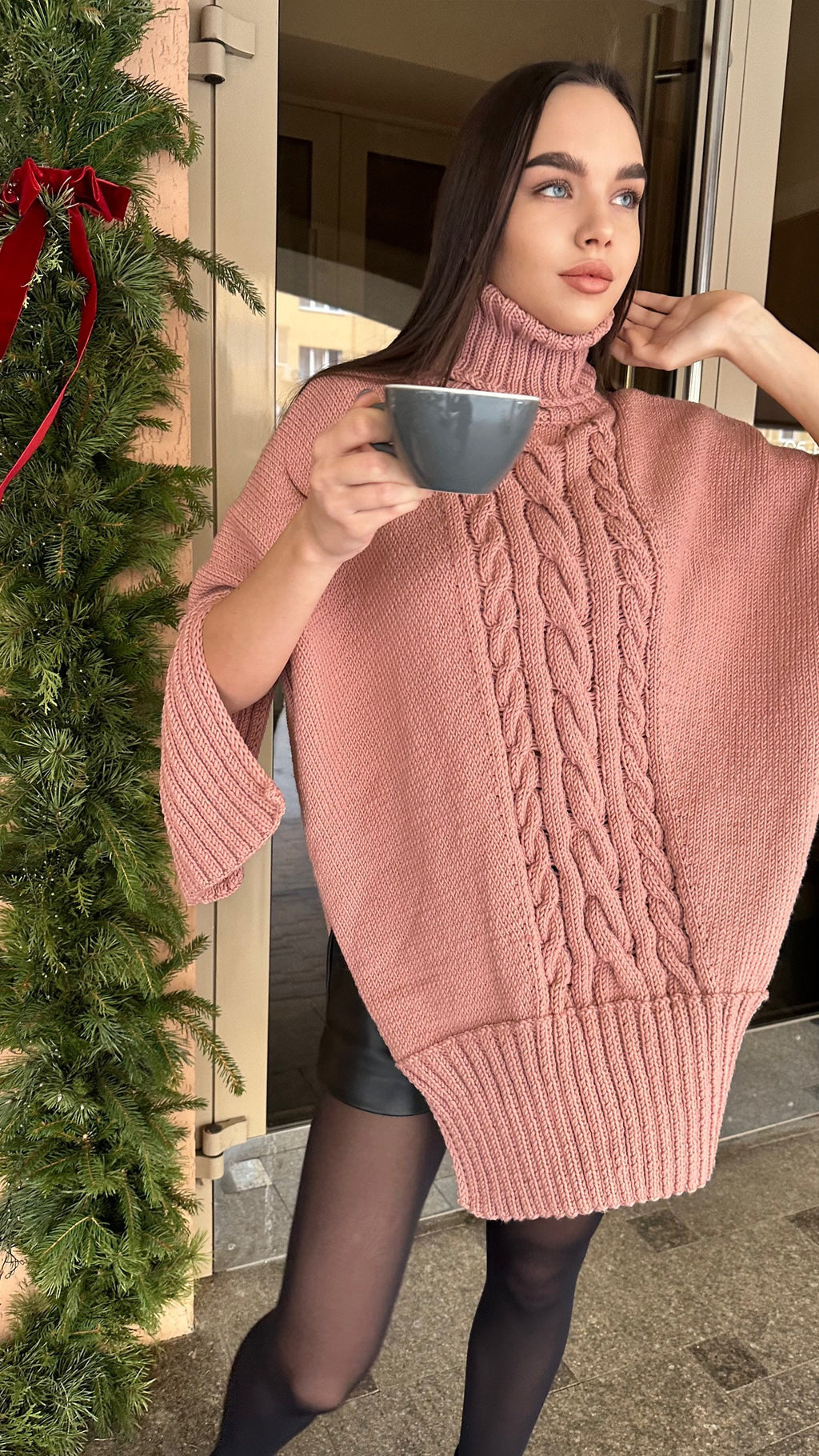 Cable hand knit sweater Sweater dress high collar turtleneck collar - accordion Brown Pink tunic with side slits Hand Knit oversize jumper