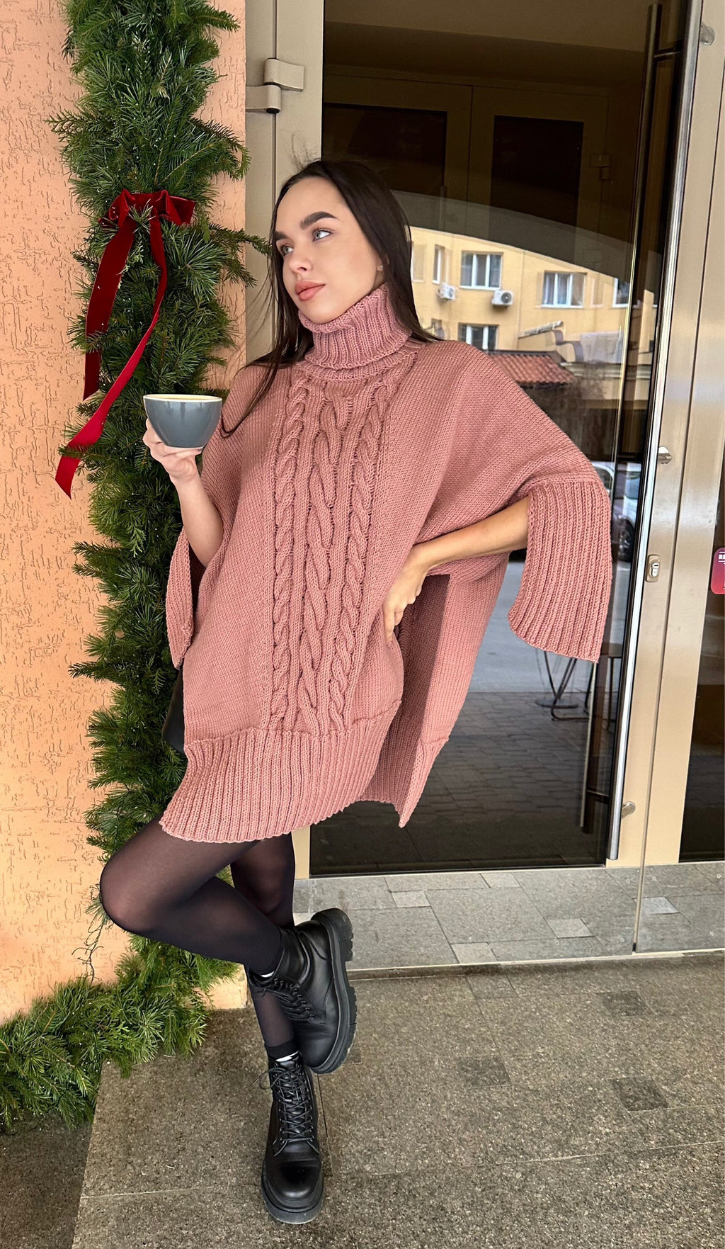 Cable hand knit sweater Sweater dress high collar turtleneck collar - accordion Brown Pink tunic with side slits Hand Knit oversize jumper