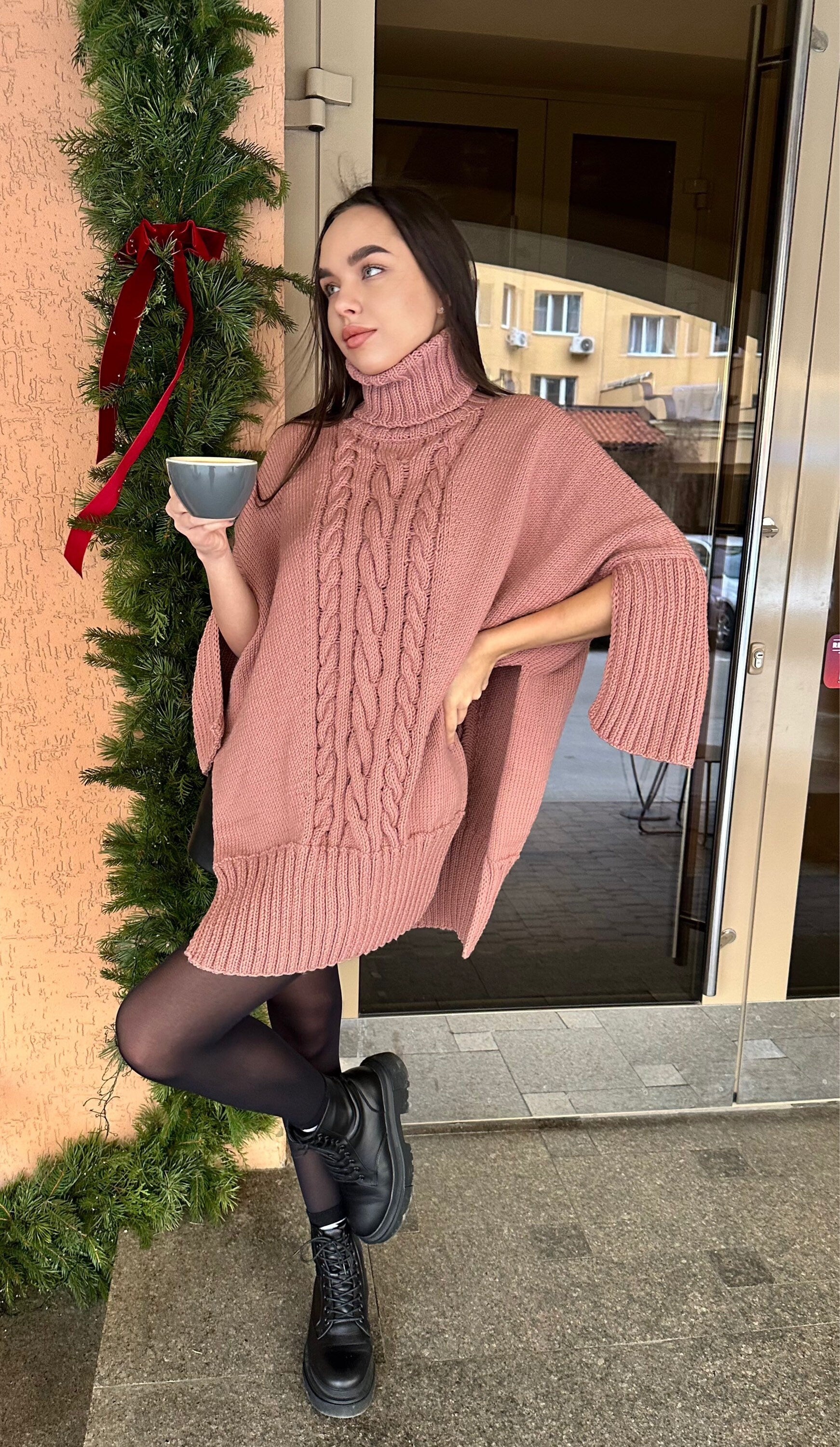 Cable hand knit sweater Sweater dress high collar turtleneck collar - accordion Brown Pink tunic with side slits Hand Knit oversize jumper
