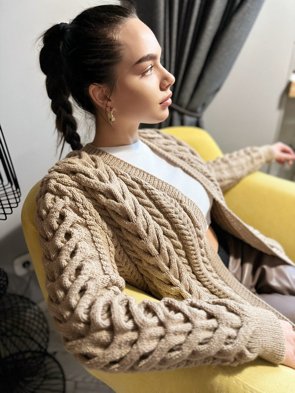 Hand knit wool pastel сardigan women Chunky knit beige cardigan Knitted jacket Cable knit cardigan Chunky knit sweater Fall pullover
