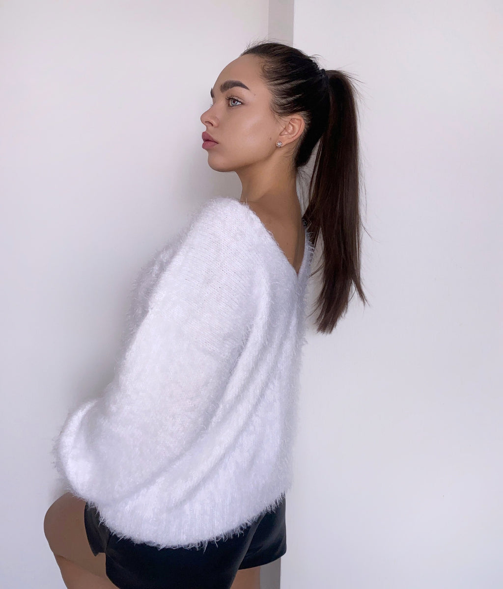 Body friendly white knit sweater Angora wool Hand knit open back Deep neckline Knit Milk pullover Loose fit oversized V-neck Fluffy Top